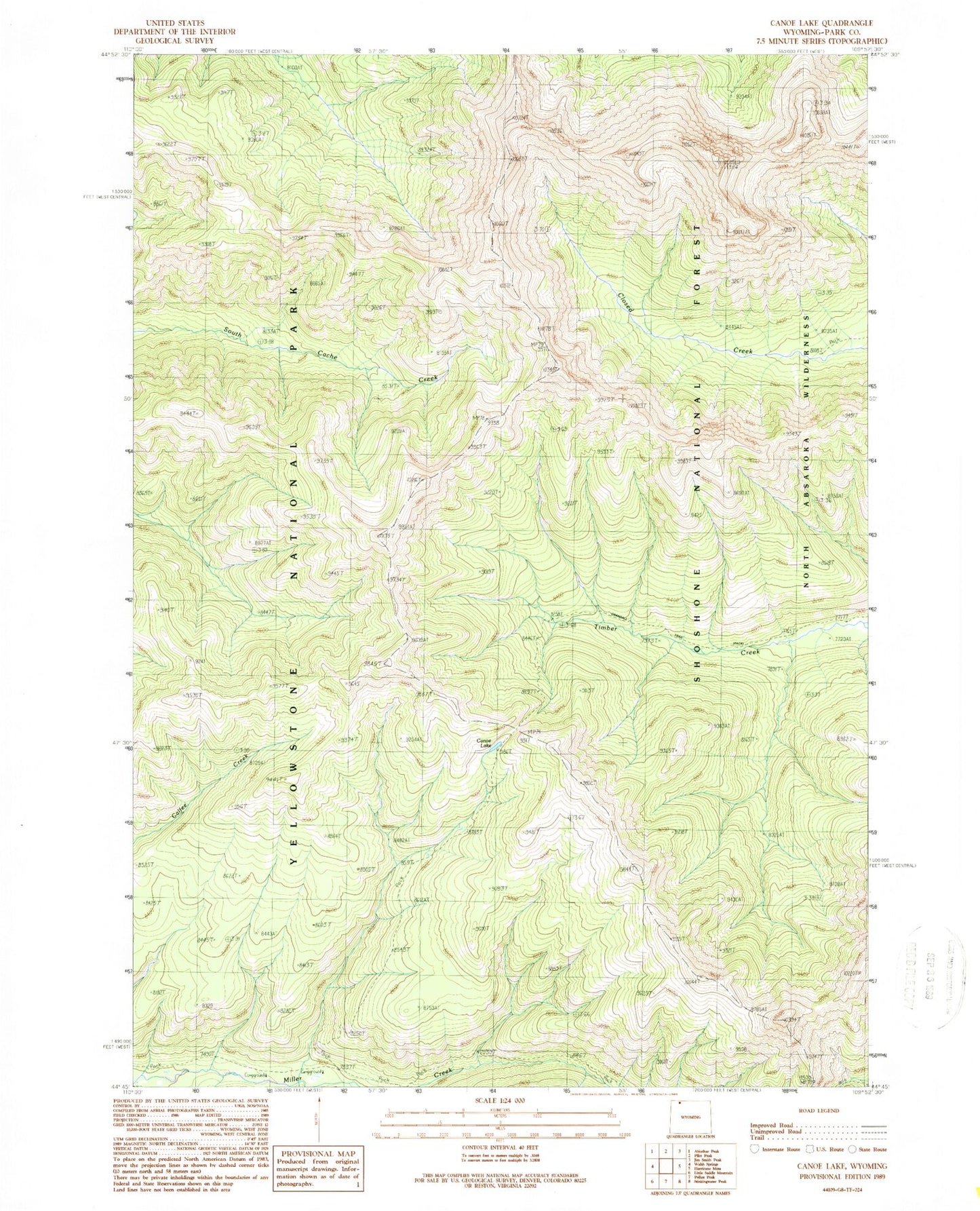 Classic USGS Canoe Lake Wyoming 7.5'x7.5' Topo Map Image
