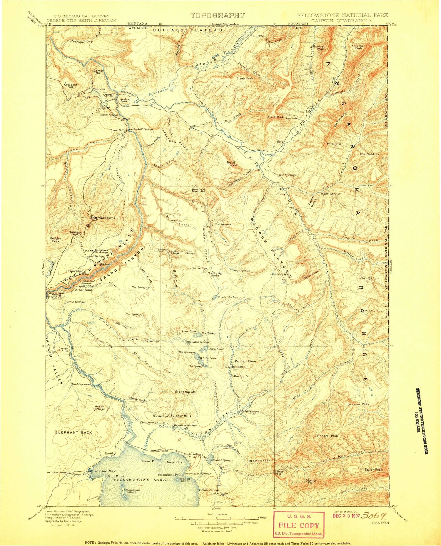 Historic 1907 Canyon Wyoming 30'x30' Topo Map Image