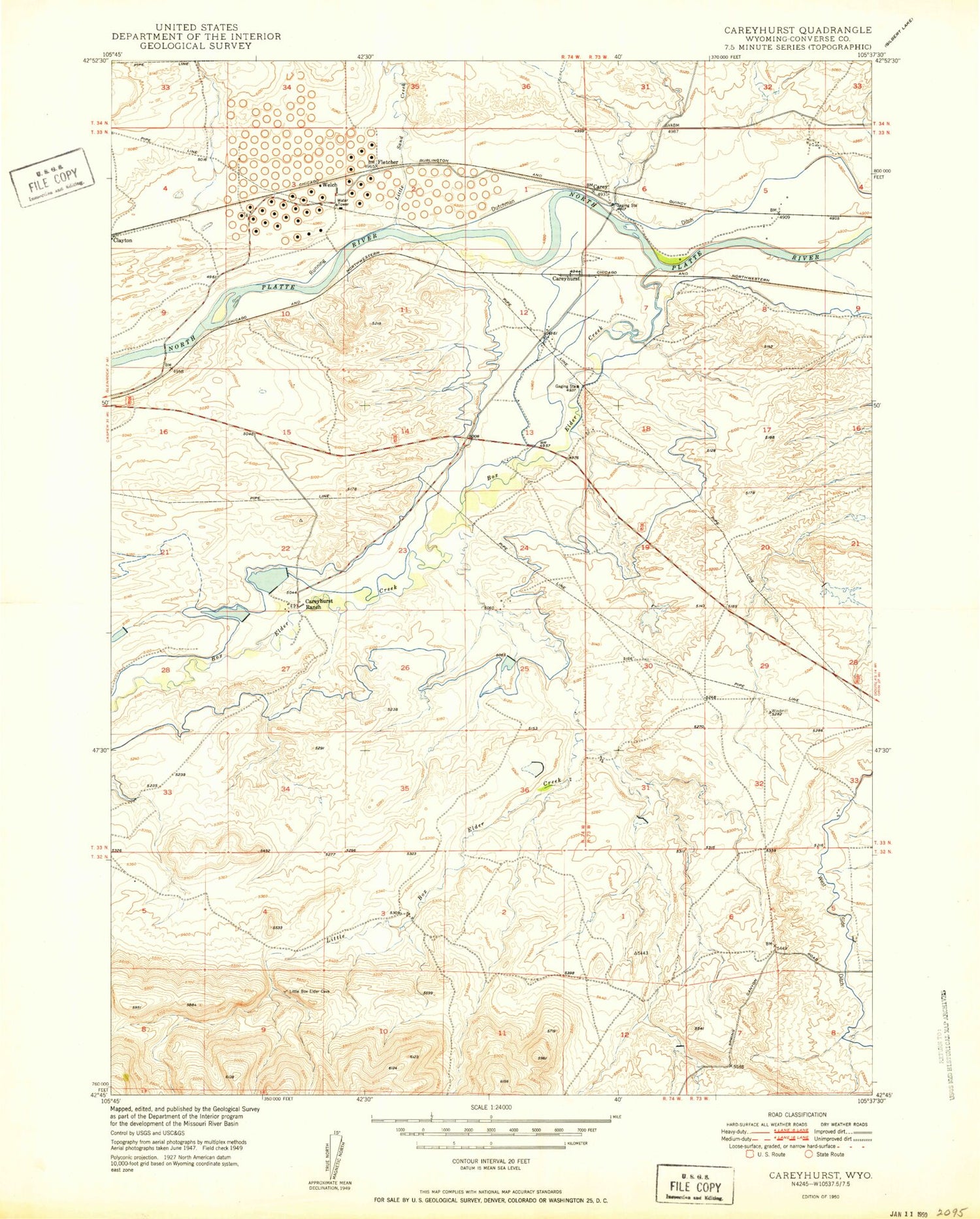 Classic USGS Careyhurst Wyoming 7.5'x7.5' Topo Map Image