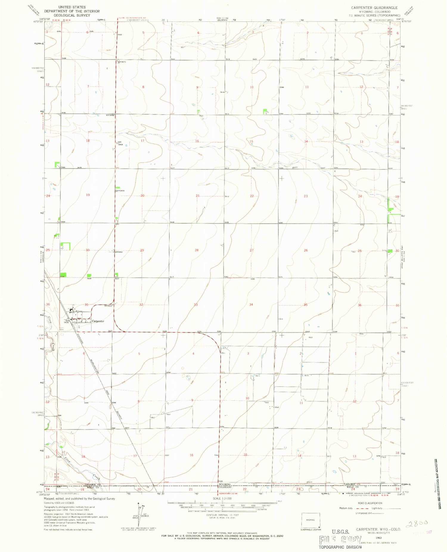 Classic USGS Carpenter Wyoming 7.5'x7.5' Topo Map Image