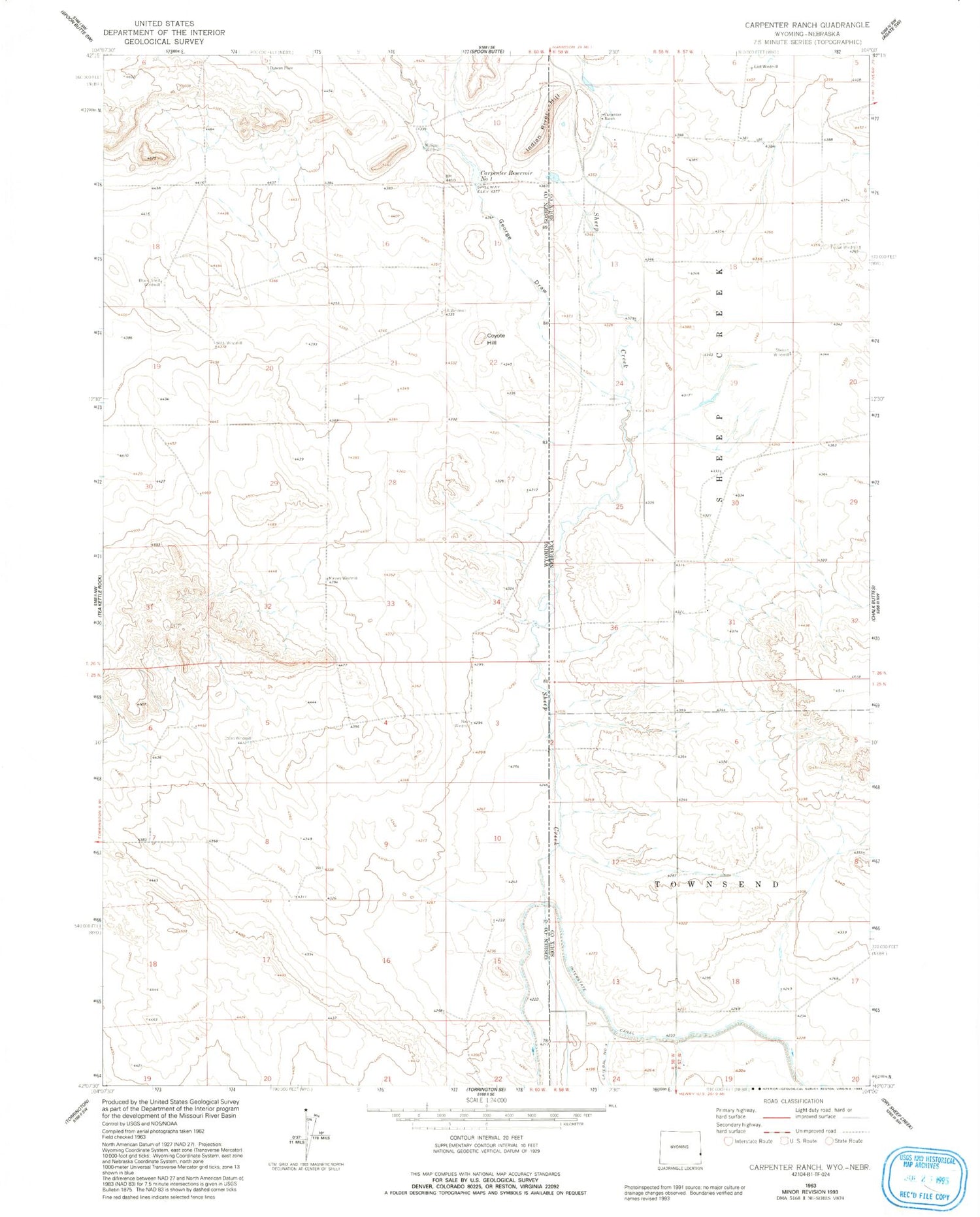 Classic USGS Carpenter Ranch Nebraska 7.5'x7.5' Topo Map Image