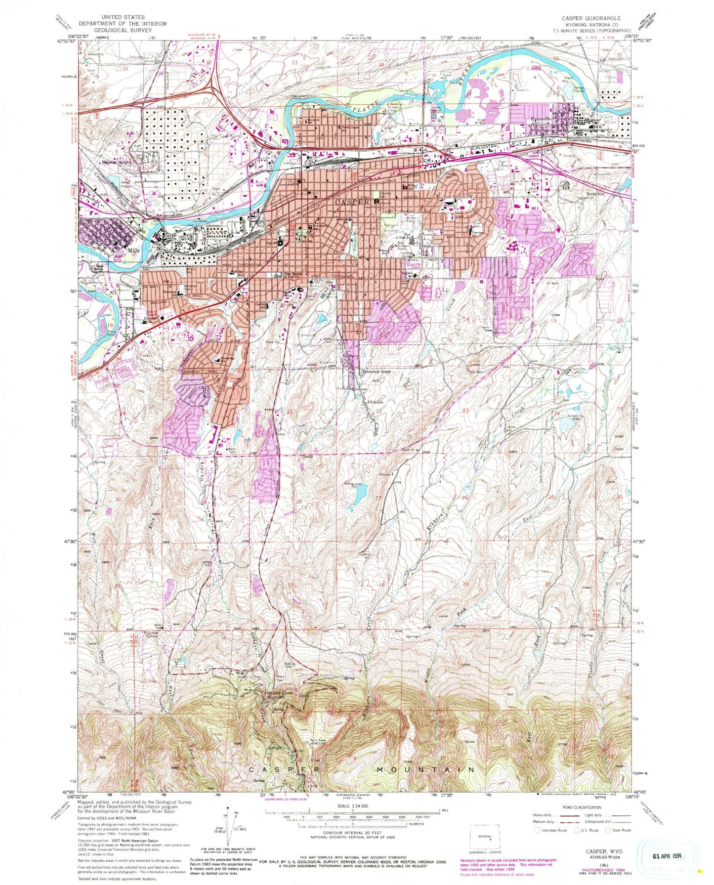 Classic USGS Casper Wyoming 7.5'x7.5' Topo Map Image
