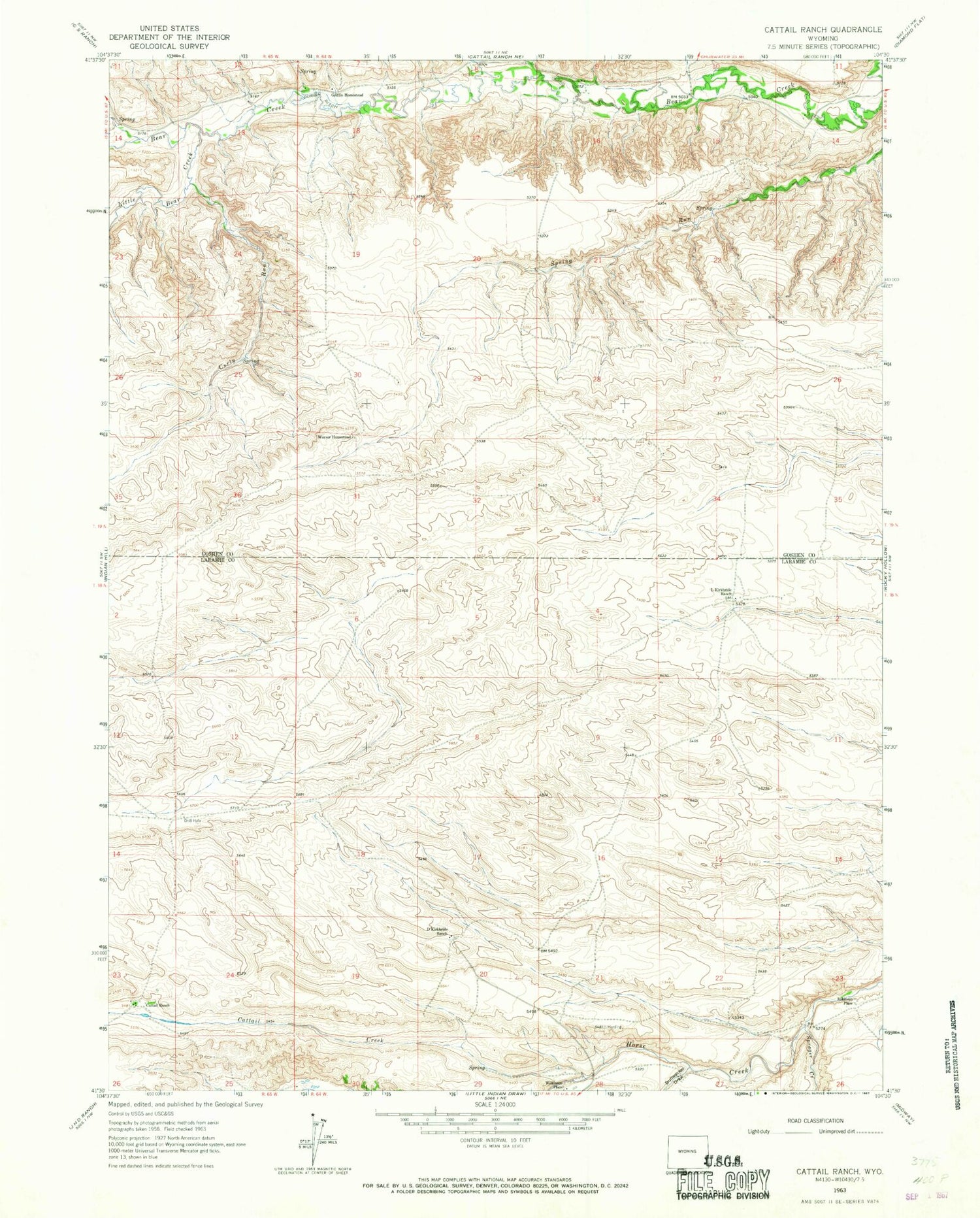 Classic USGS Cattail Ranch Wyoming 7.5'x7.5' Topo Map Image
