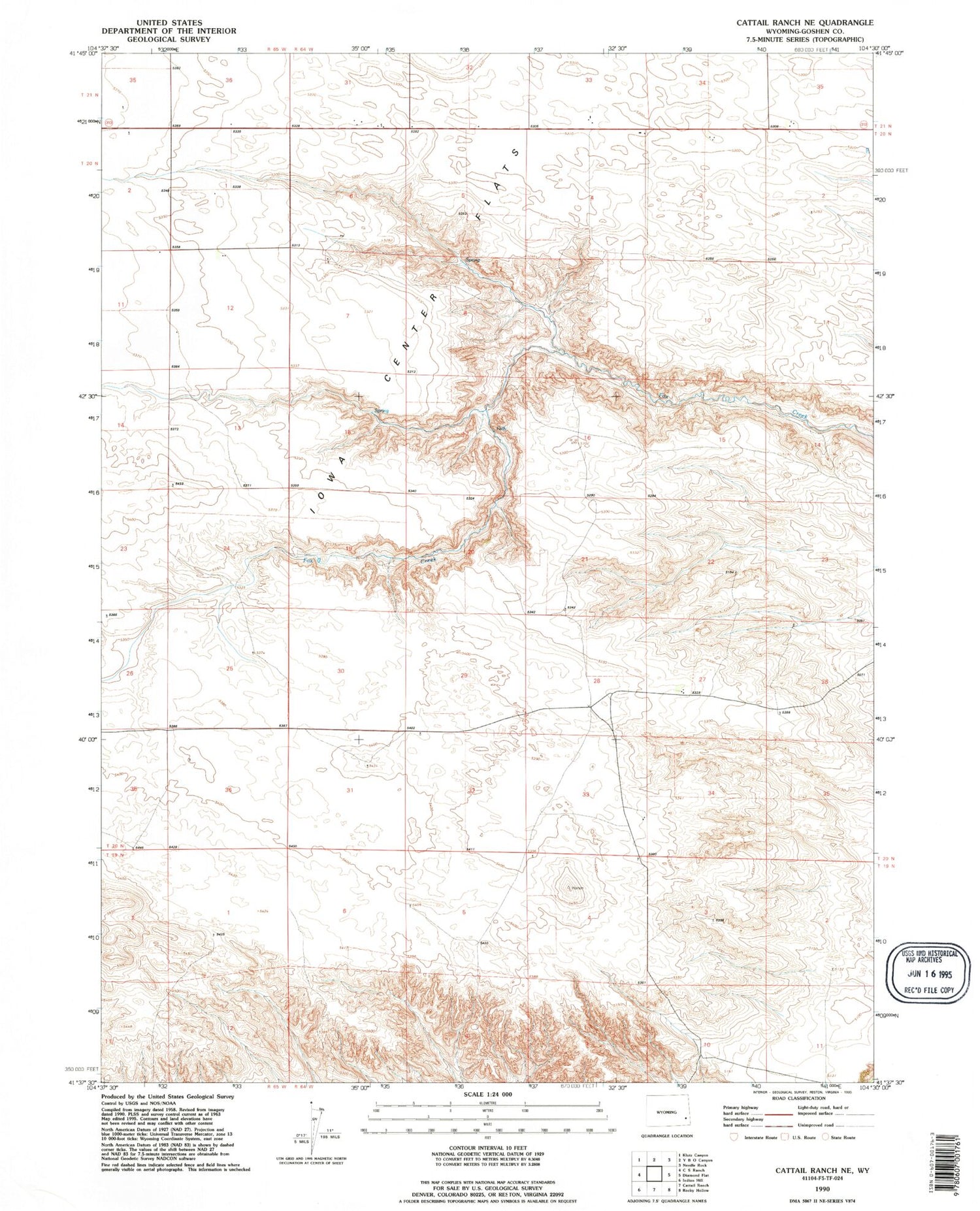 Classic USGS Cattail Ranch NE Wyoming 7.5'x7.5' Topo Map Image