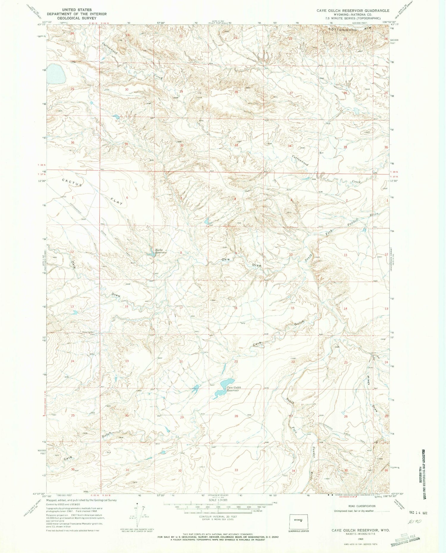 Classic USGS Cave Gulch Reservoir Wyoming 7.5'x7.5' Topo Map Image