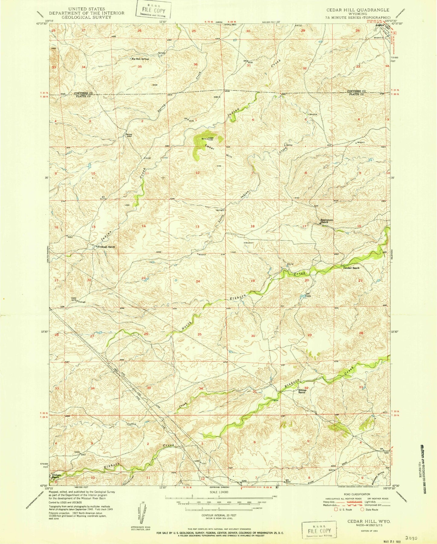 Classic USGS Cedar Hill Wyoming 7.5'x7.5' Topo Map Image