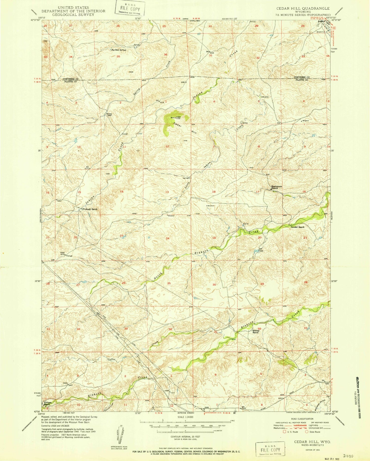 Classic USGS Cedar Hill Wyoming 7.5'x7.5' Topo Map Image