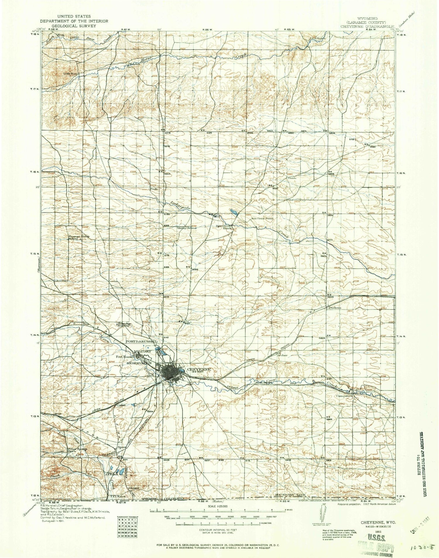 Historic 1911 Cheyenne Wyoming 30'x30' Topo Map Image