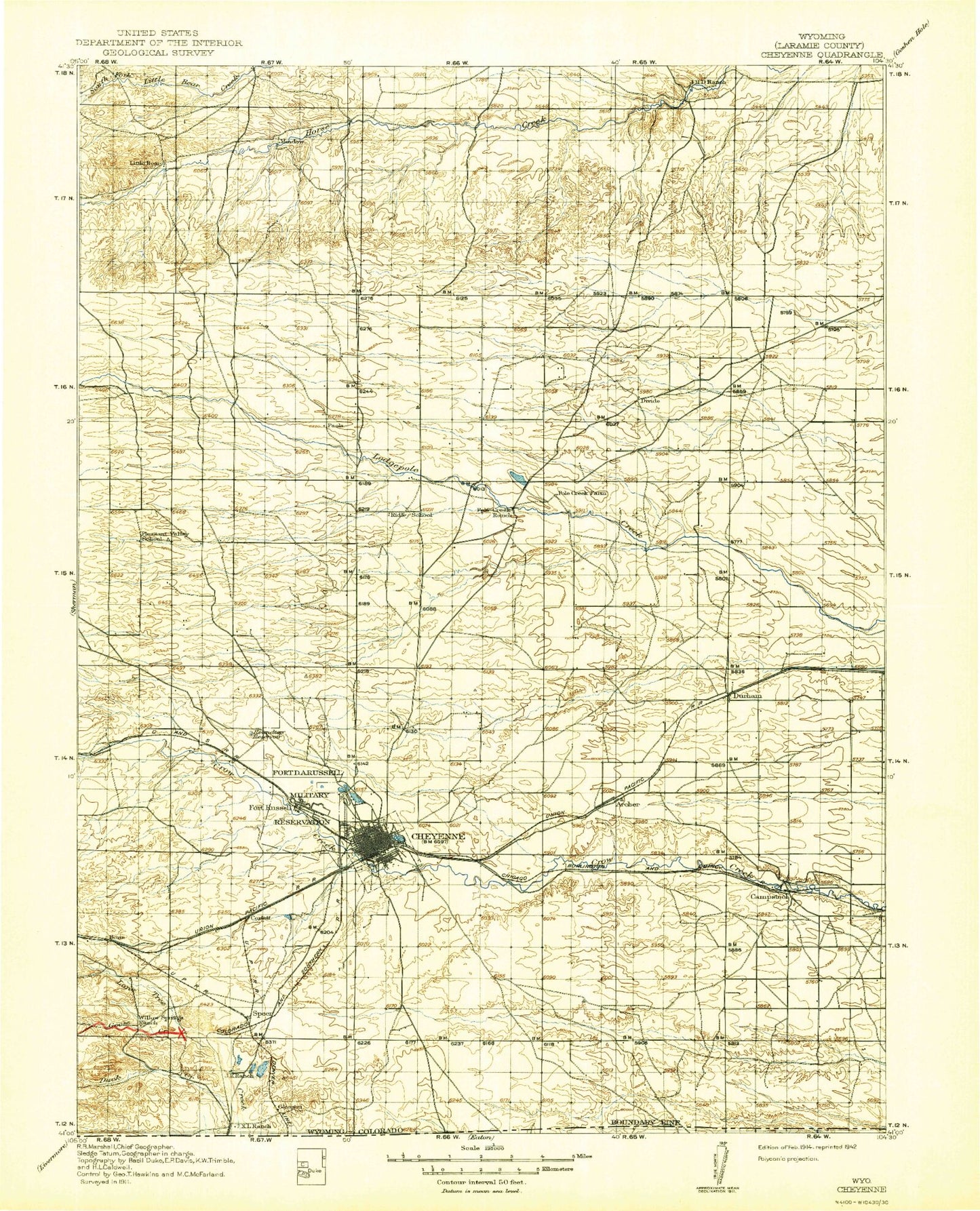 Historic 1914 Cheyenne Wyoming 30'x30' Topo Map Image
