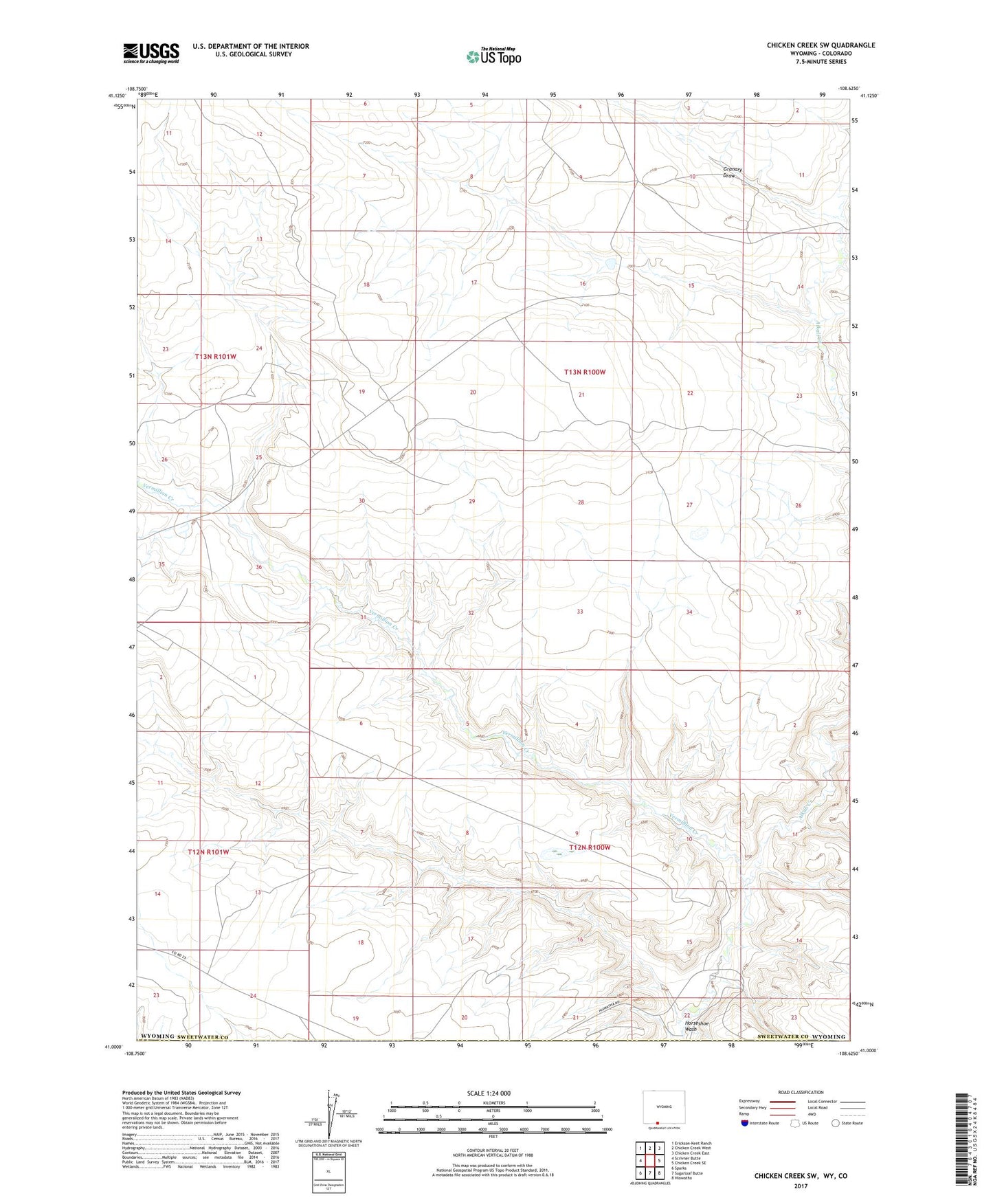 Chicken Creek SW Wyoming US Topo Map Image