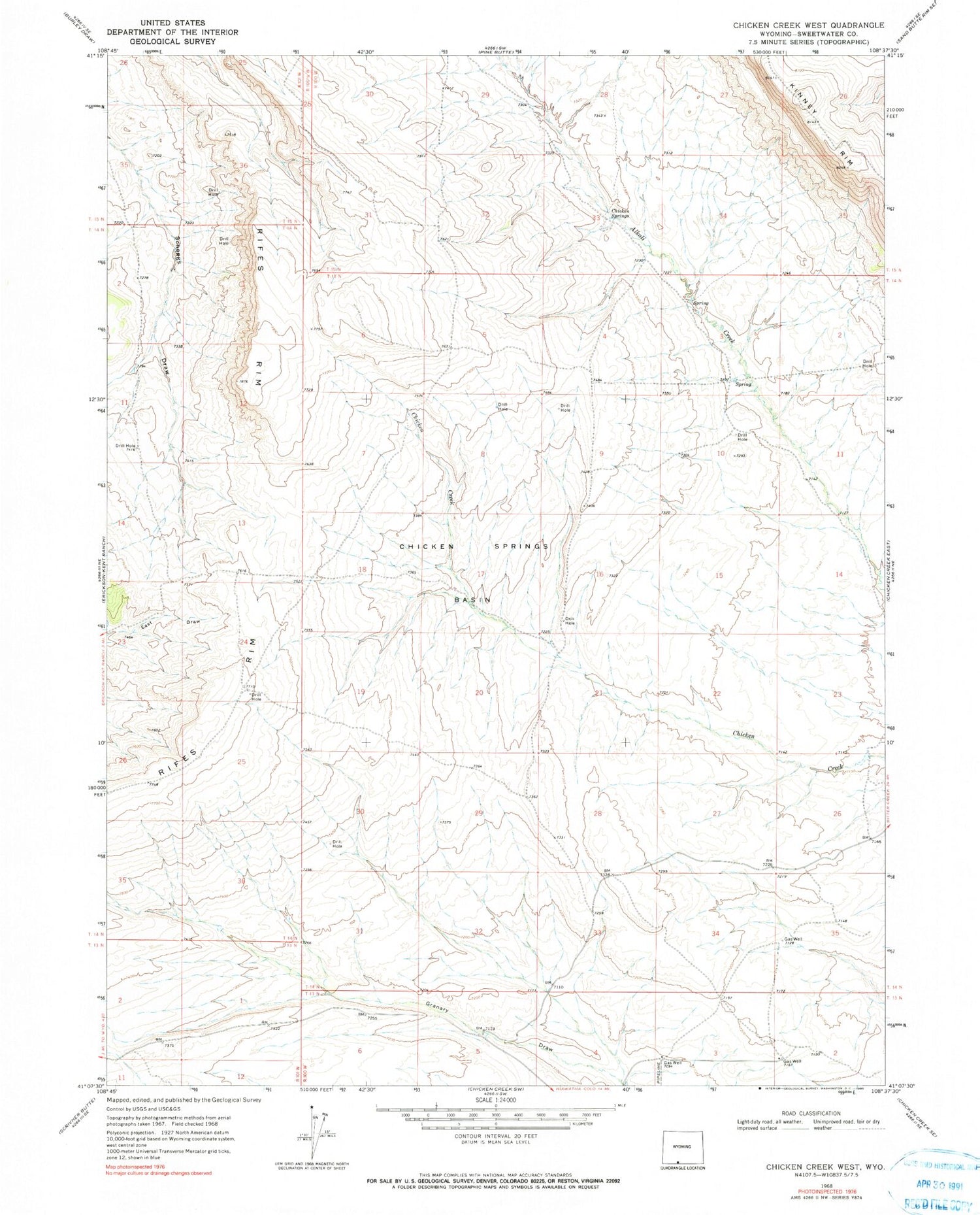 Classic USGS Chicken Creek West Wyoming 7.5'x7.5' Topo Map Image