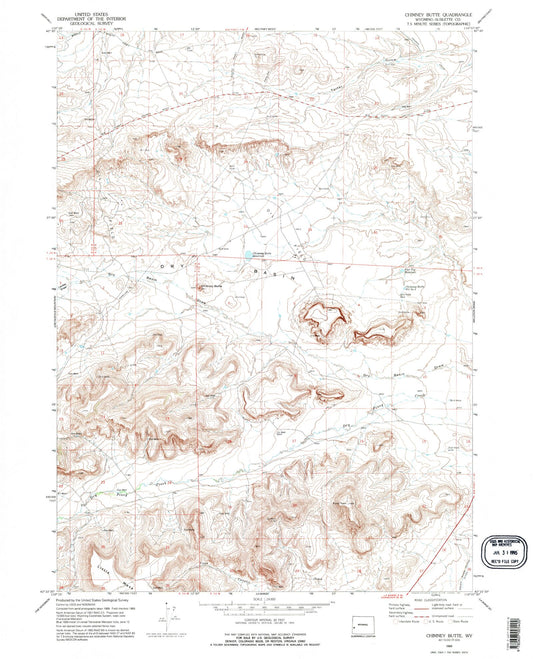 Classic USGS Chimney Butte Wyoming 7.5'x7.5' Topo Map Image