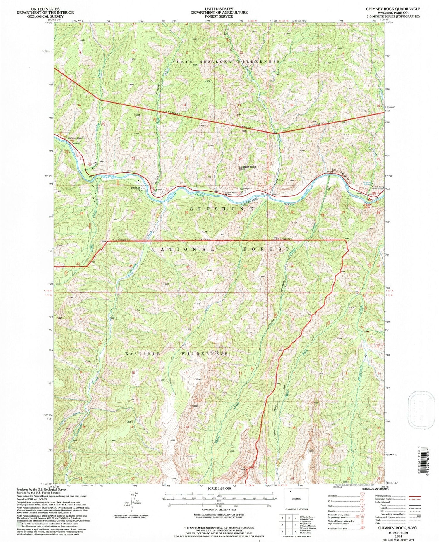 Classic USGS Chimney Rock Wyoming 7.5'x7.5' Topo Map Image