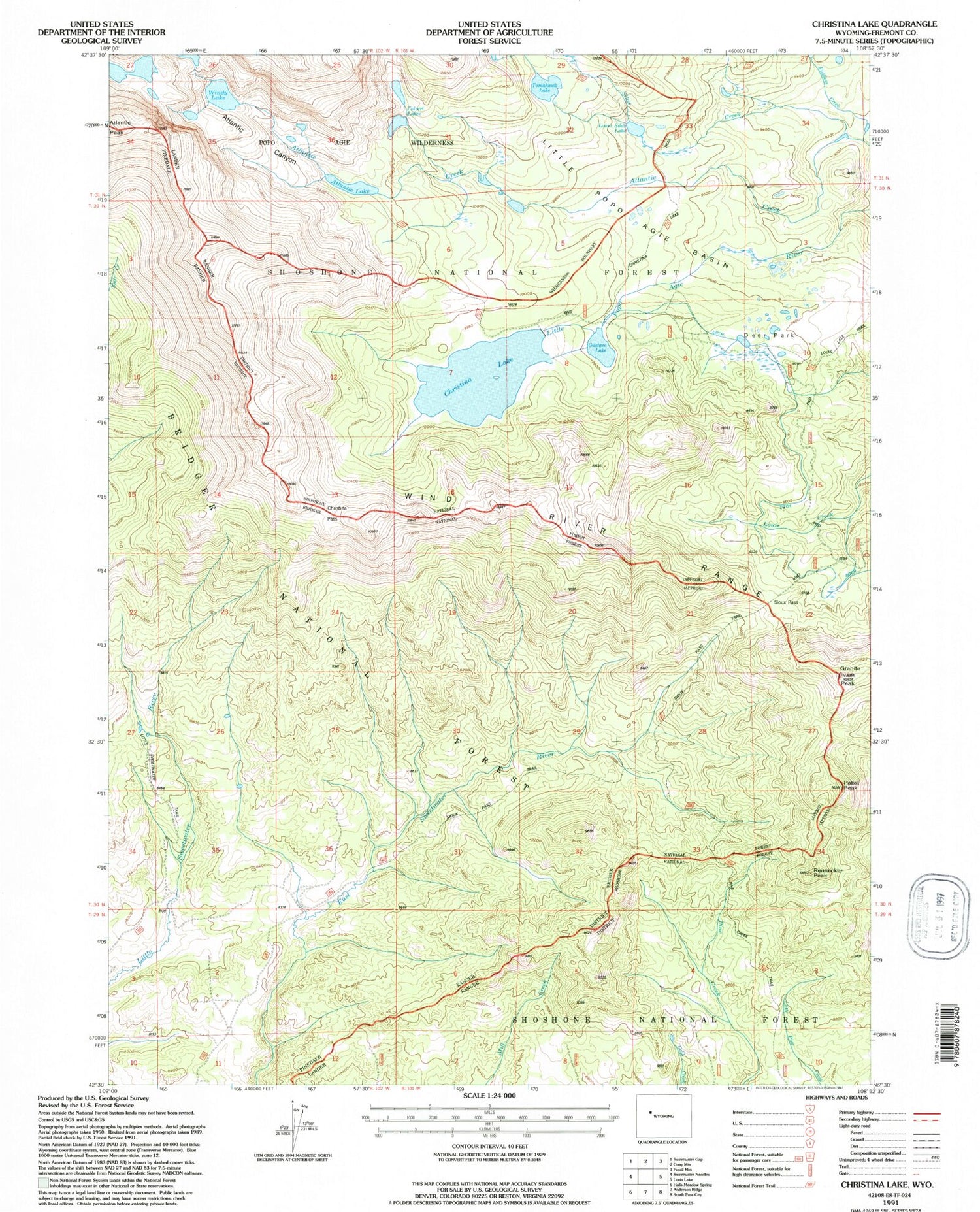 Classic USGS Christina Lake Wyoming 7.5'x7.5' Topo Map Image