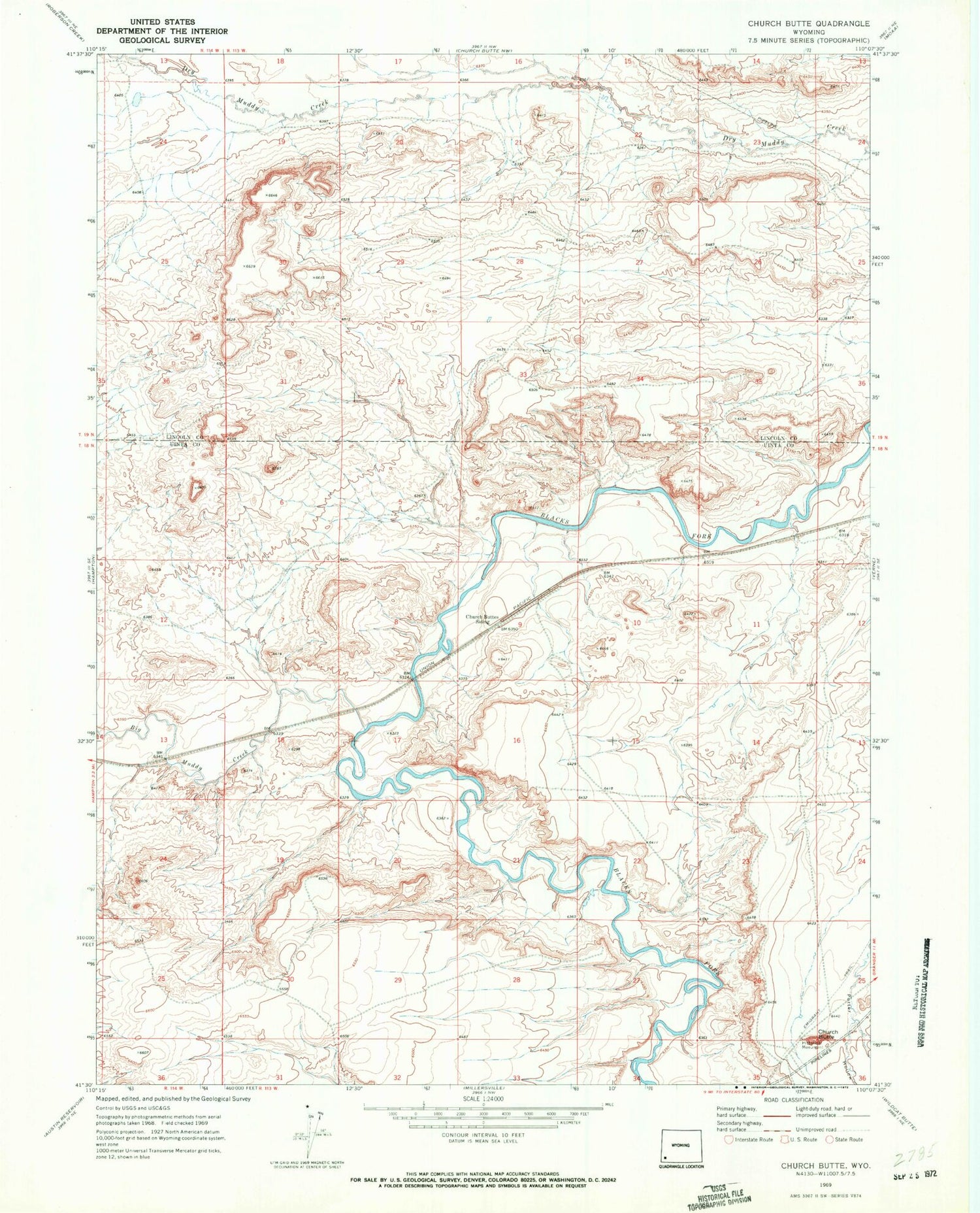 Classic USGS Church Butte Wyoming 7.5'x7.5' Topo Map Image