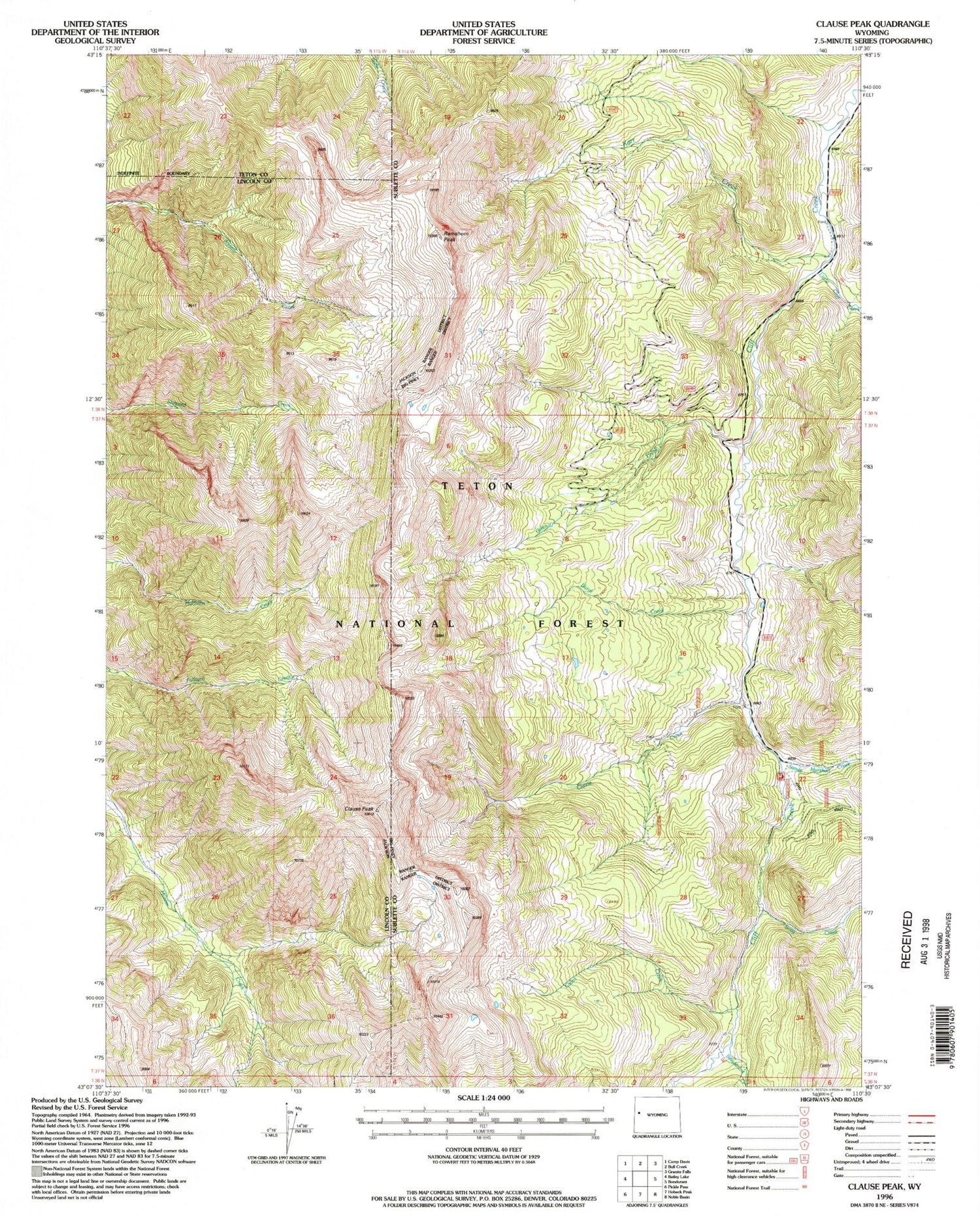 USGS Classic Clause Peak Wyoming 7.5'x7.5' Topo Map Image