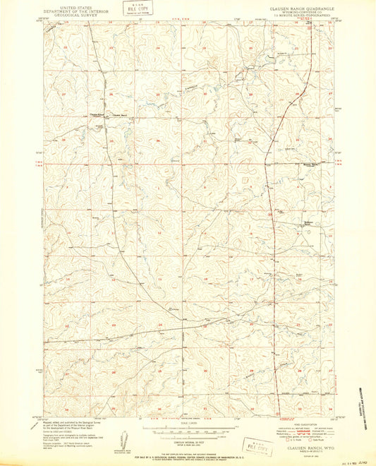 Classic USGS Clausen Ranch Wyoming 7.5'x7.5' Topo Map Image