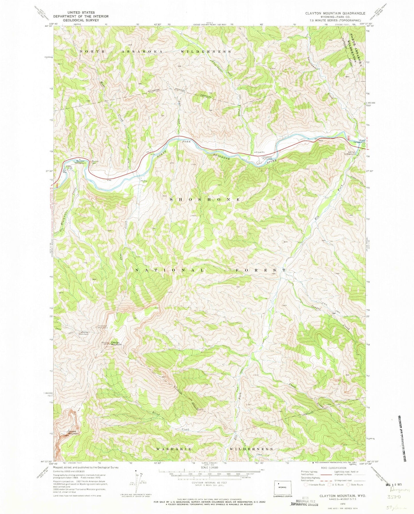 Classic USGS Clayton Mountain Wyoming 7.5'x7.5' Topo Map Image