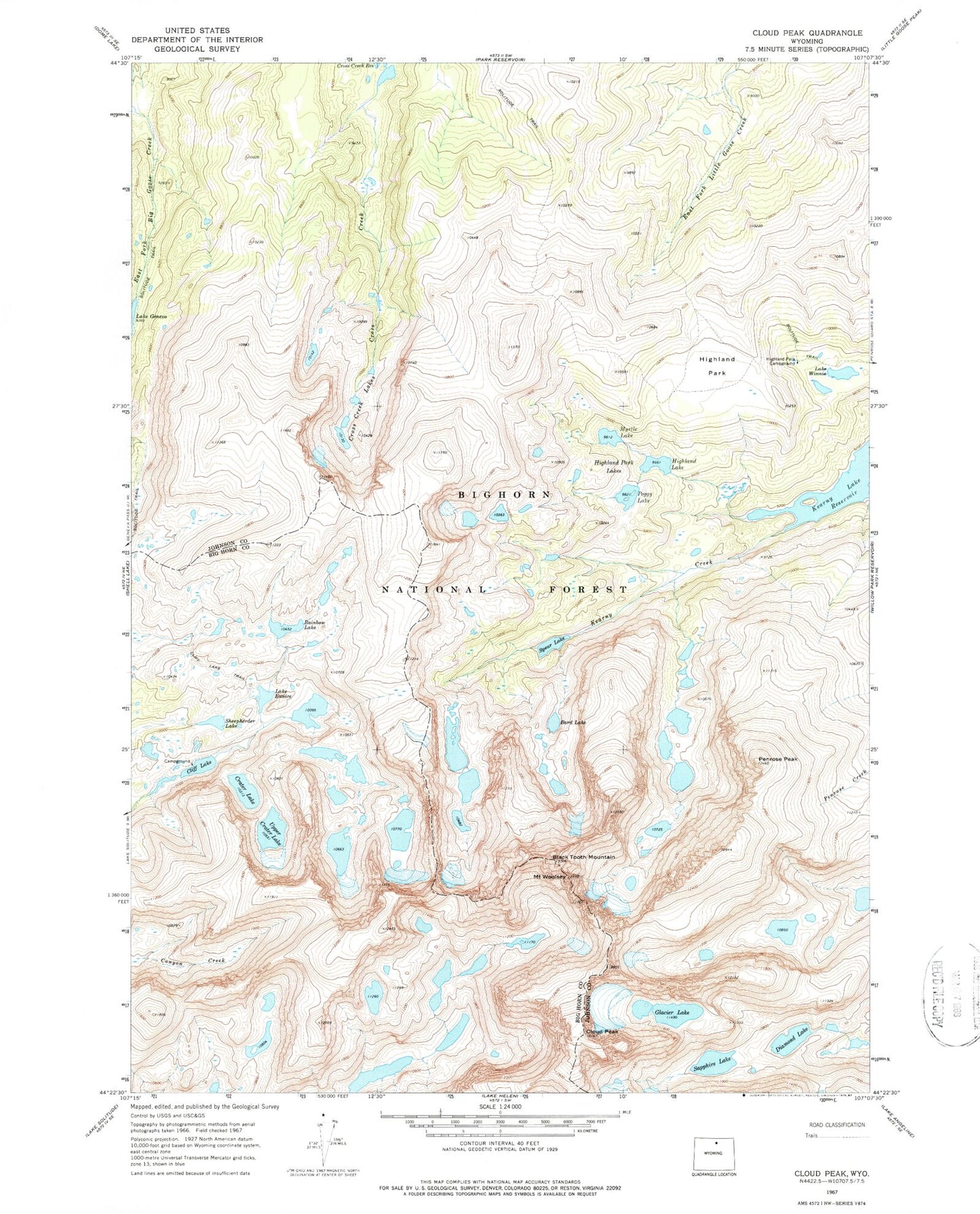 USGS Classic Cloud Peak Wyoming 7.5'x7.5' Topo Map Image