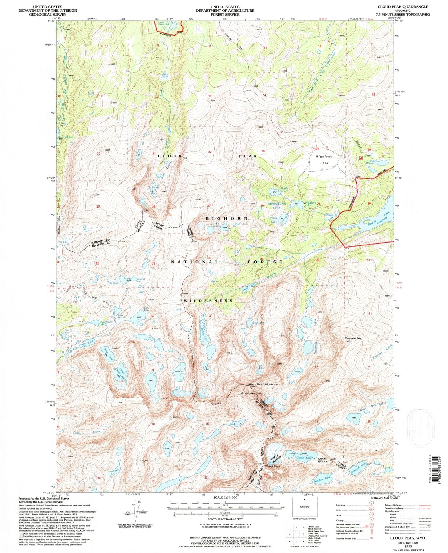 USGS Classic Cloud Peak Wyoming 7.5'x7.5' Topo Map Image