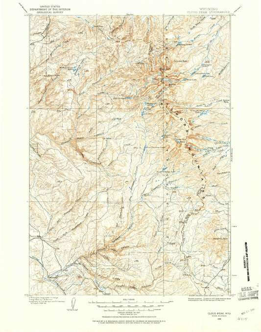 Historic 1899 Cloud Peak Wyoming 30'x30' Topo Map Image