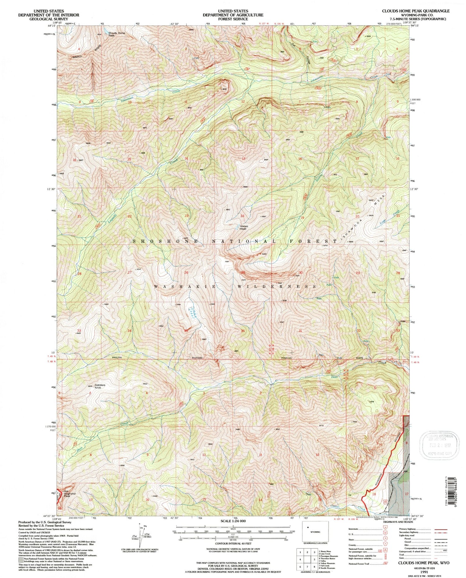 Classic USGS Clouds Home Peak Wyoming 7.5'x7.5' Topo Map Image