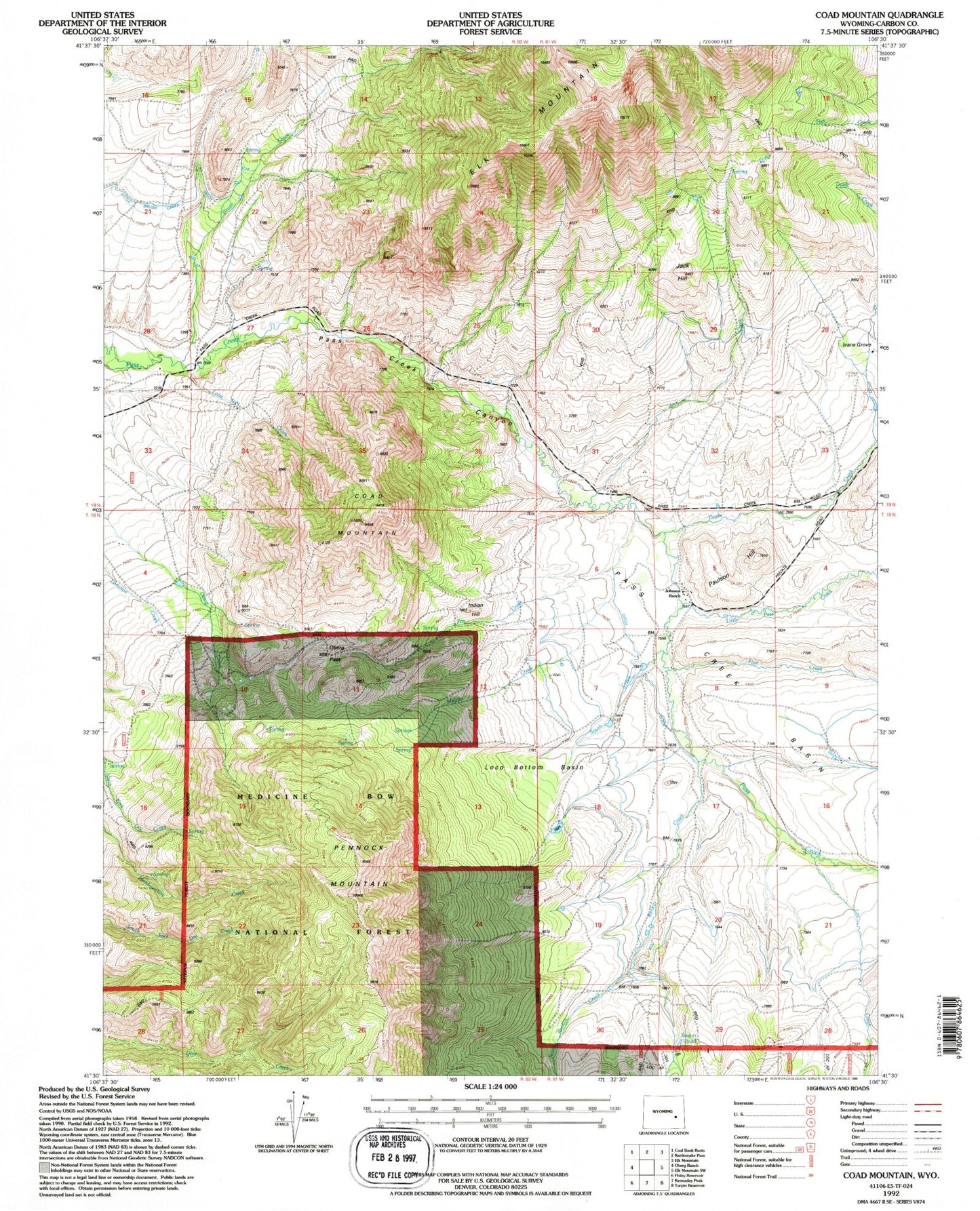 Classic USGS Coad Mountain Wyoming 7.5'x7.5' Topo Map Image
