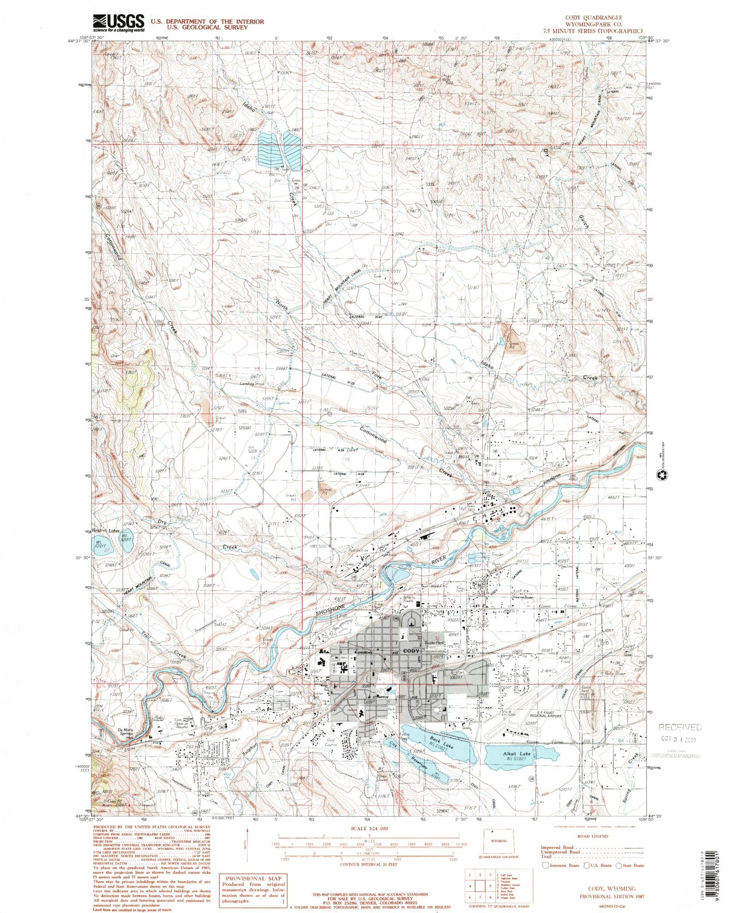 Classic USGS Cody Wyoming 7.5'x7.5' Topo Map Image
