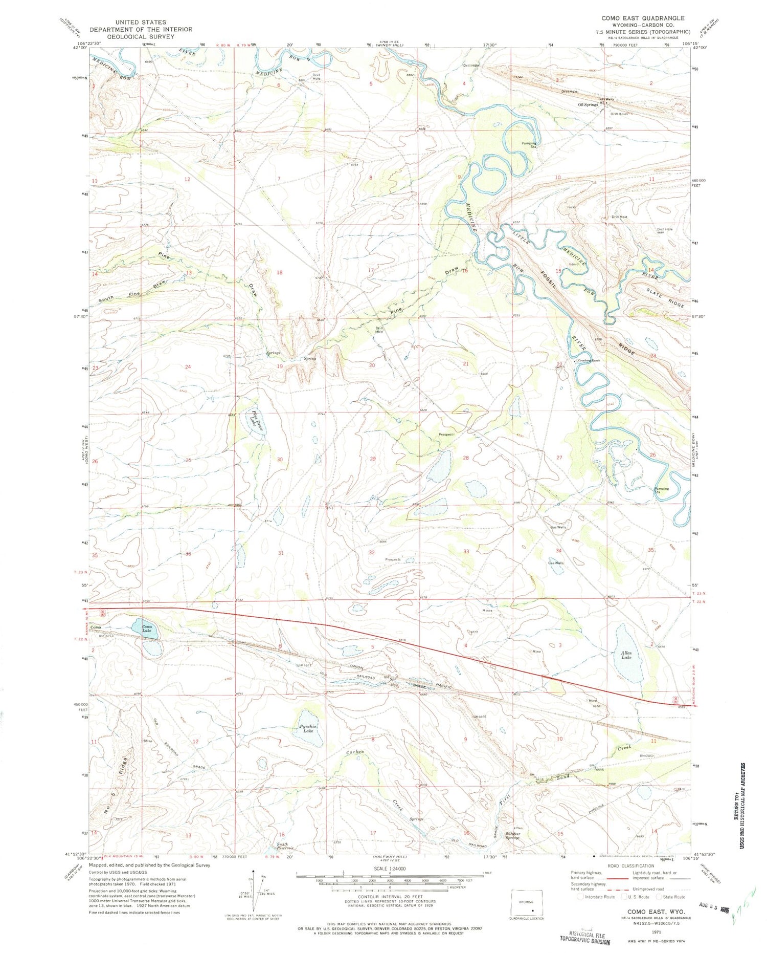 Classic USGS Como East Wyoming 7.5'x7.5' Topo Map Image