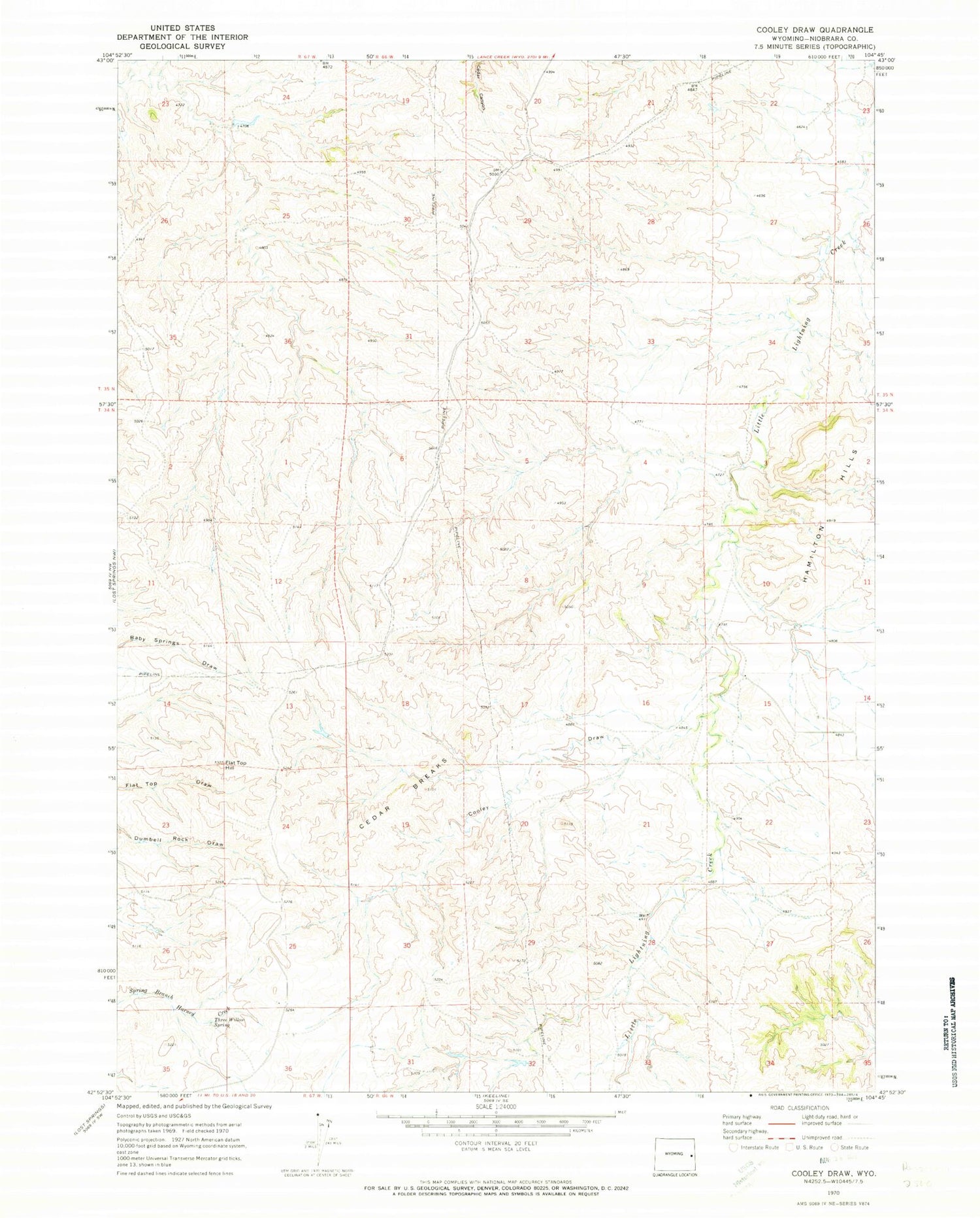 Classic USGS Cooley Draw Wyoming 7.5'x7.5' Topo Map Image
