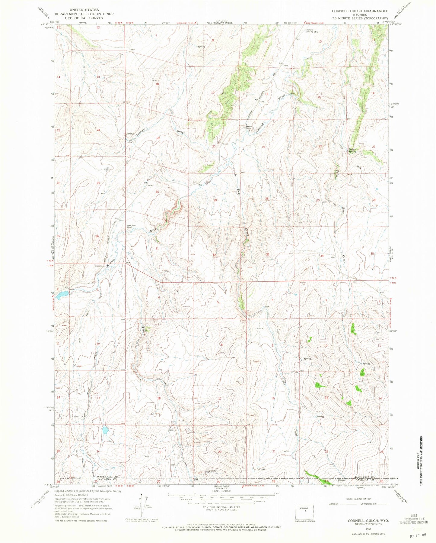 Classic USGS Cornell Gulch Wyoming 7.5'x7.5' Topo Map Image