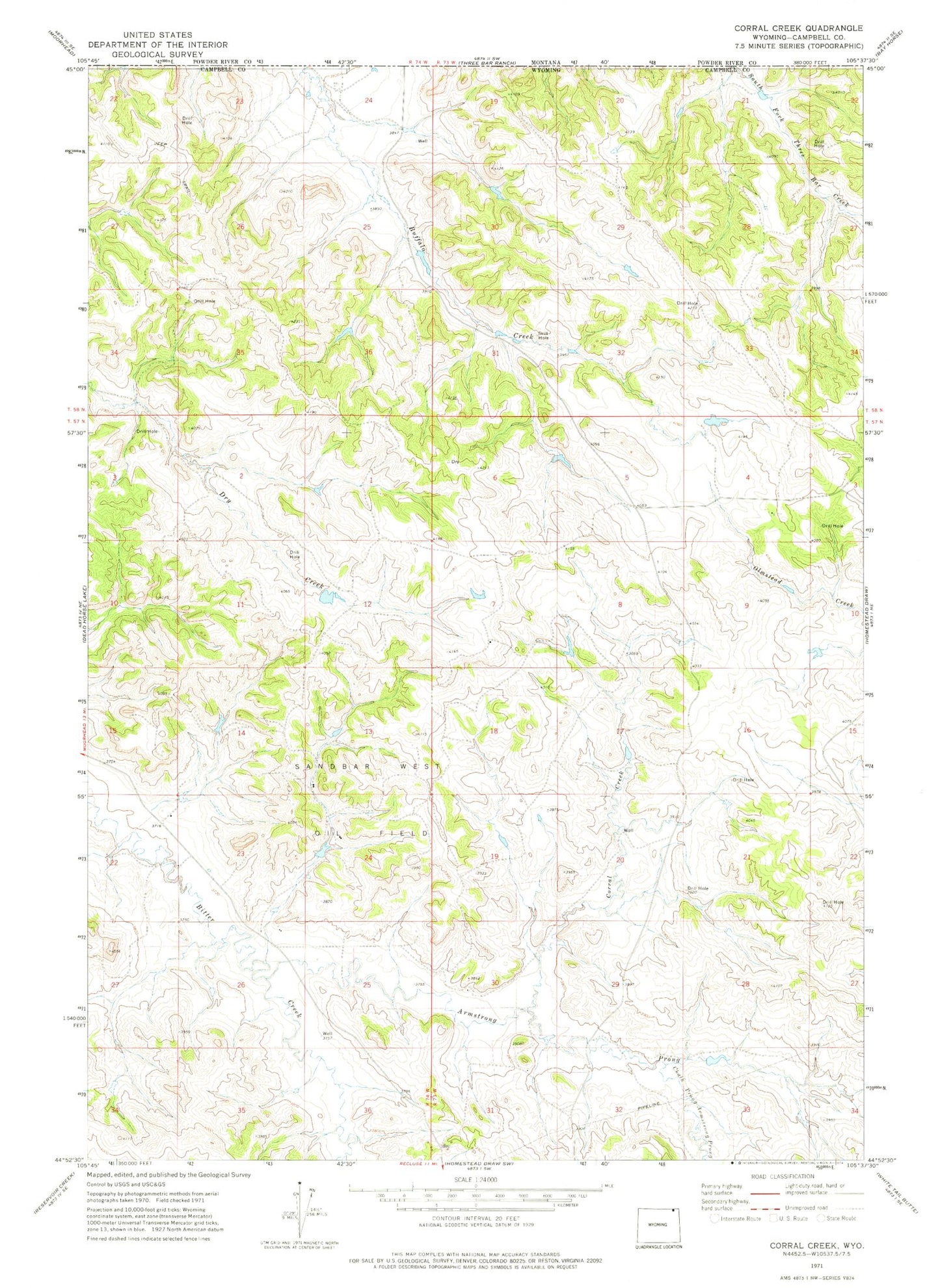 Classic USGS Corral Creek Wyoming 7.5'x7.5' Topo Map Image