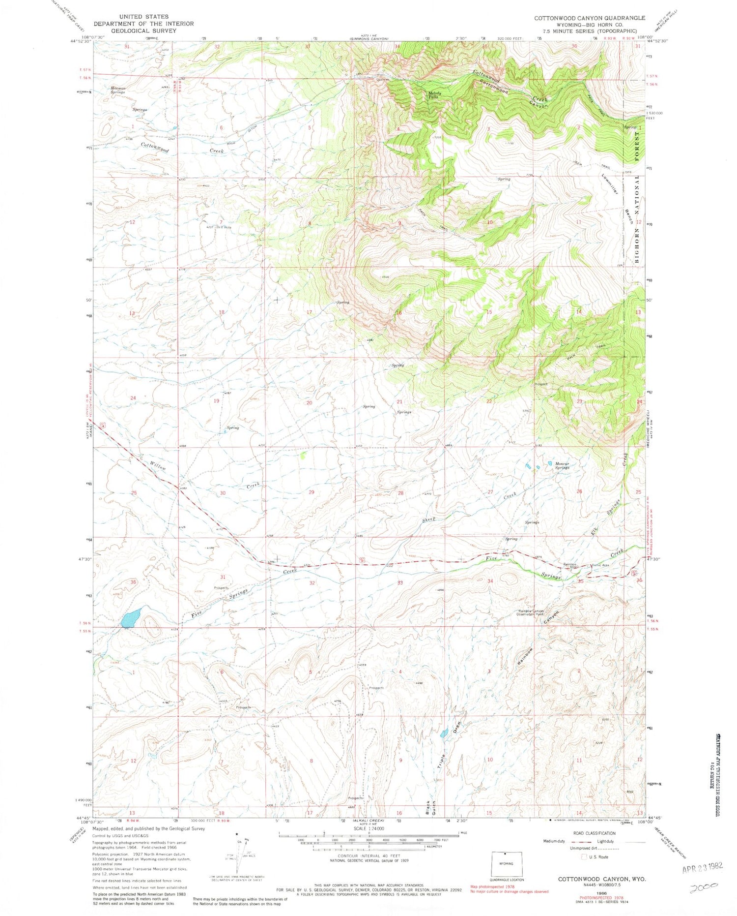 Classic USGS Cottonwood Canyon Wyoming 7.5'x7.5' Topo Map Image