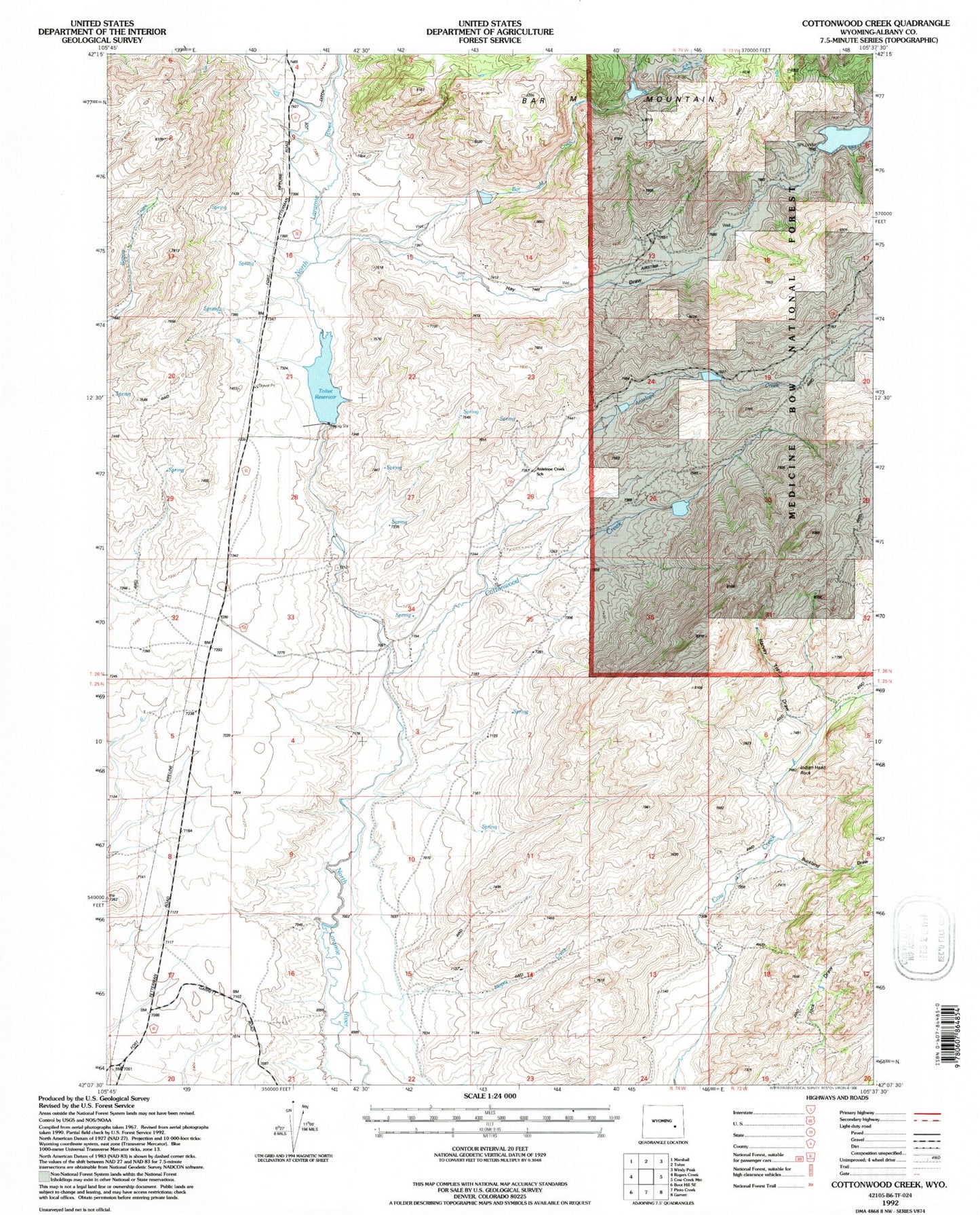 Classic USGS Cottonwood Creek Wyoming 7.5'x7.5' Topo Map Image