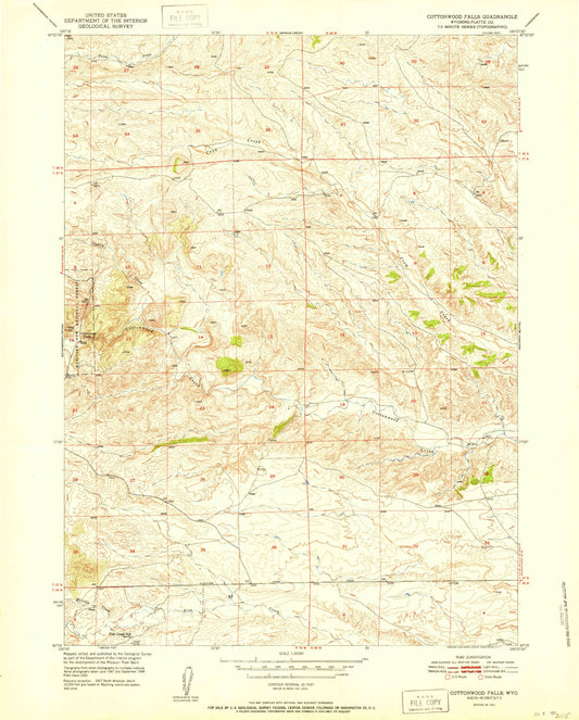 Classic USGS Cottonwood Falls Wyoming 7.5'x7.5' Topo Map Image