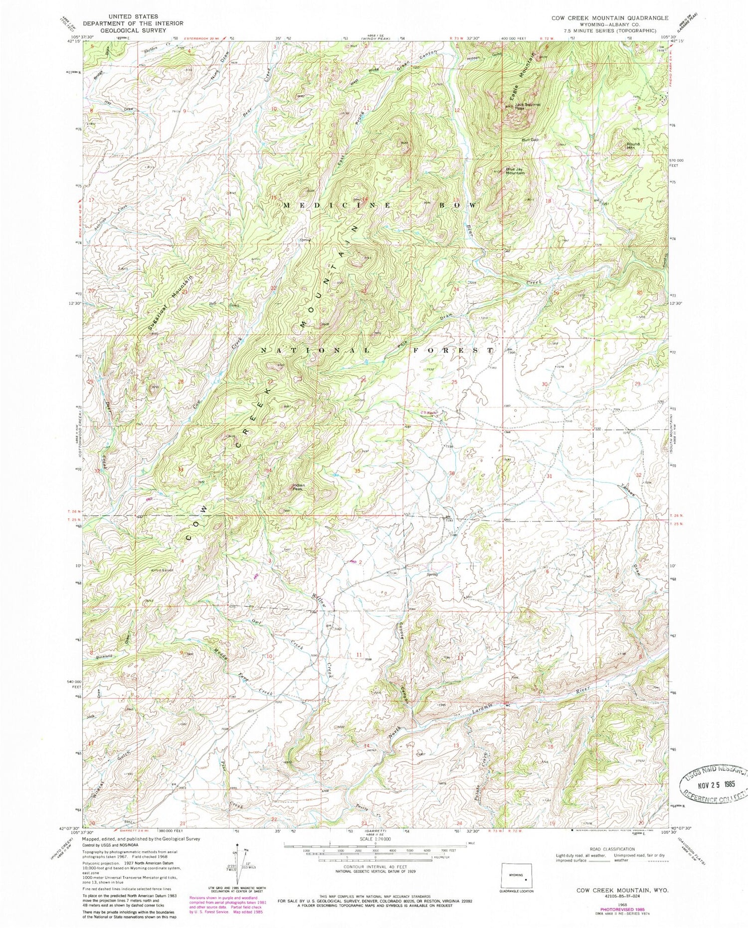 Classic USGS Cow Creek Mountain Wyoming 7.5'x7.5' Topo Map Image