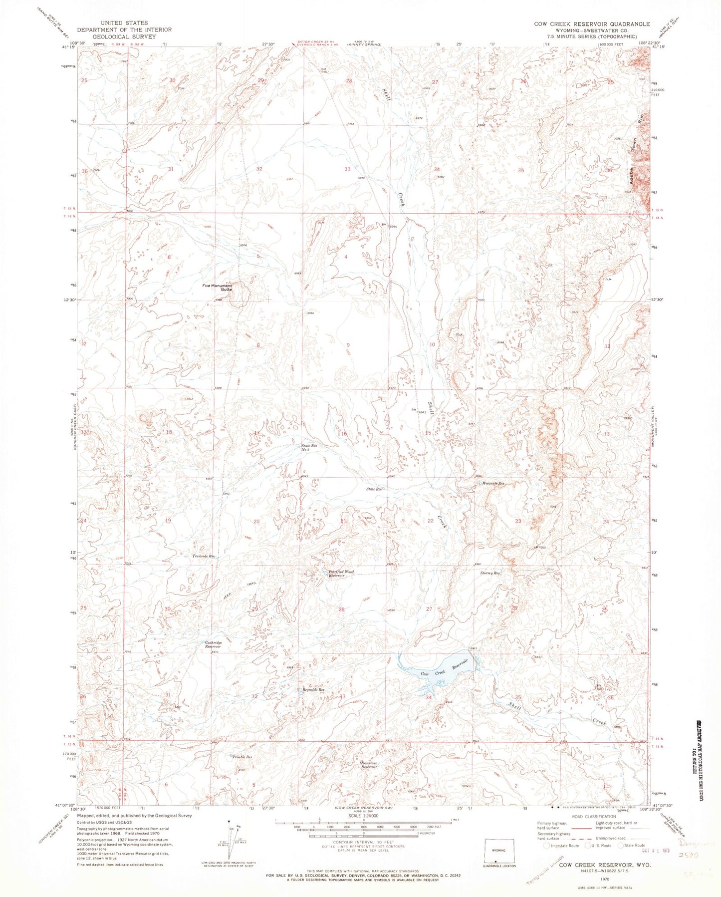 Classic USGS Cow Creek Reservoir Wyoming 7.5'x7.5' Topo Map Image
