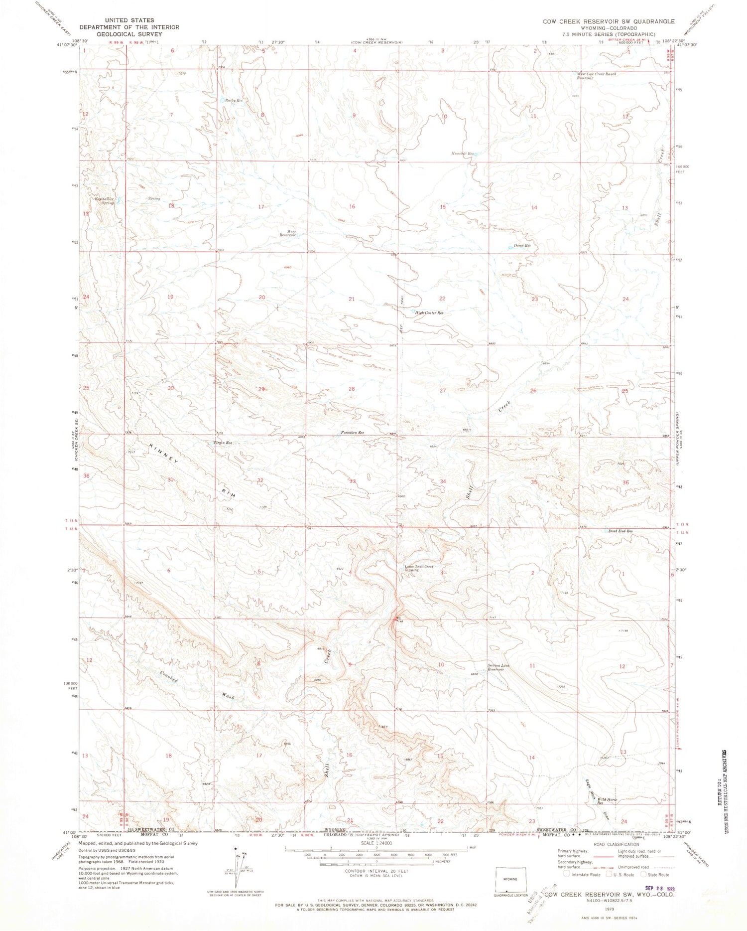 Classic USGS Cow Creek Reservoir SW Wyoming 7.5'x7.5' Topo Map Image