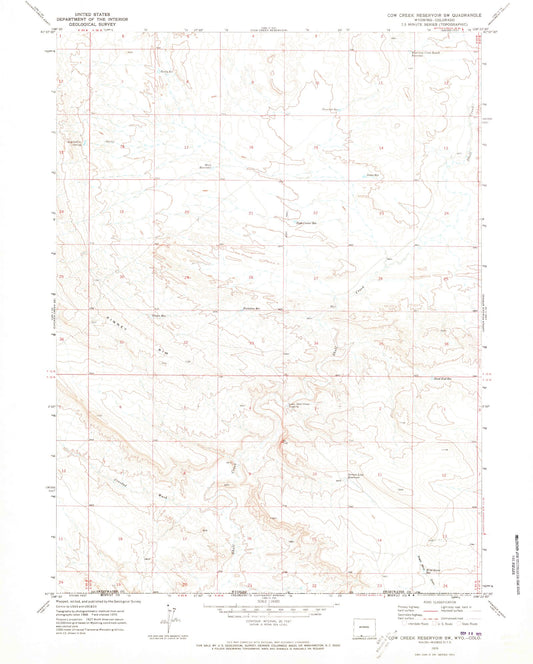 Classic USGS Cow Creek Reservoir SW Wyoming 7.5'x7.5' Topo Map Image