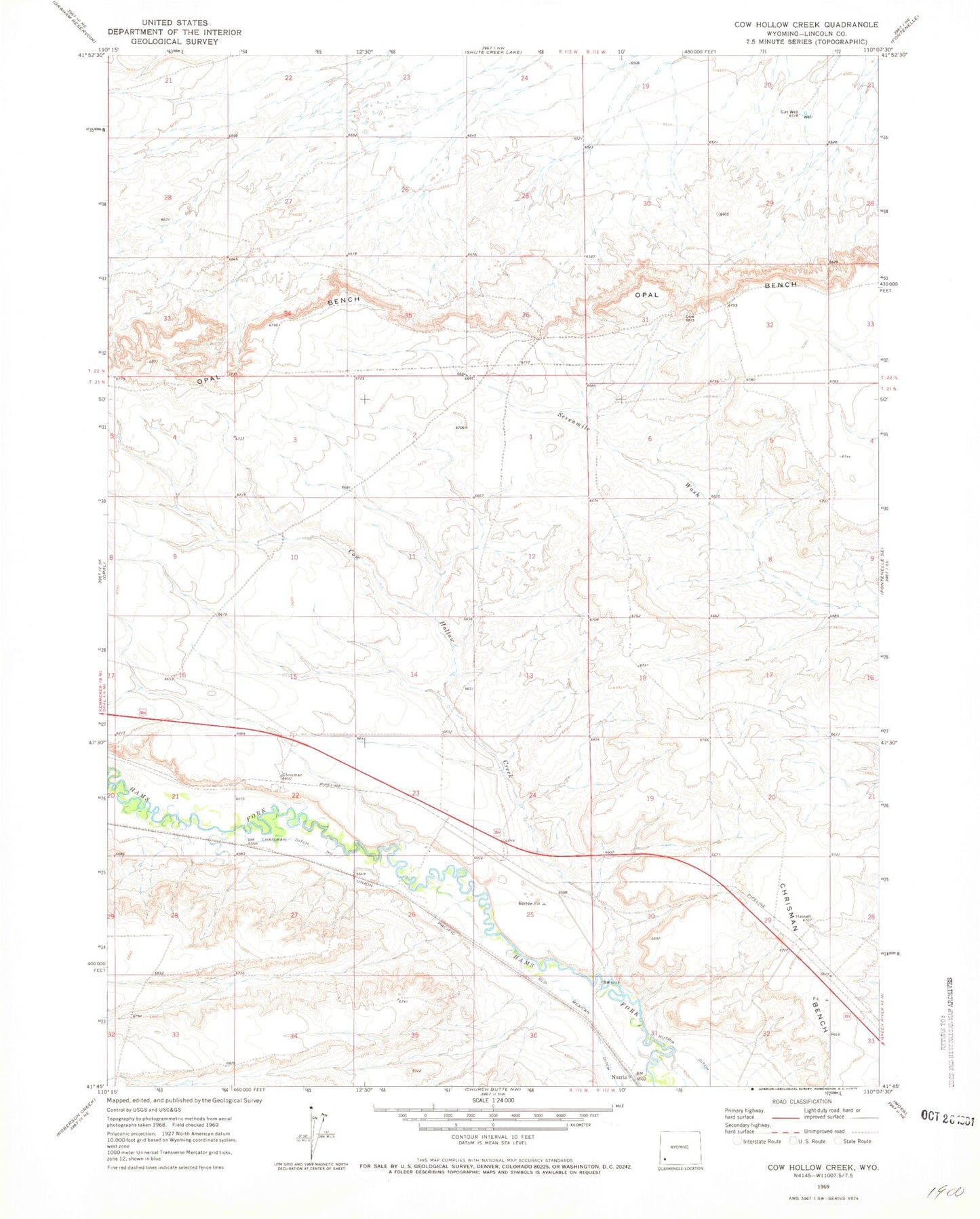 Classic USGS Cow Hollow Creek Wyoming 7.5'x7.5' Topo Map Image