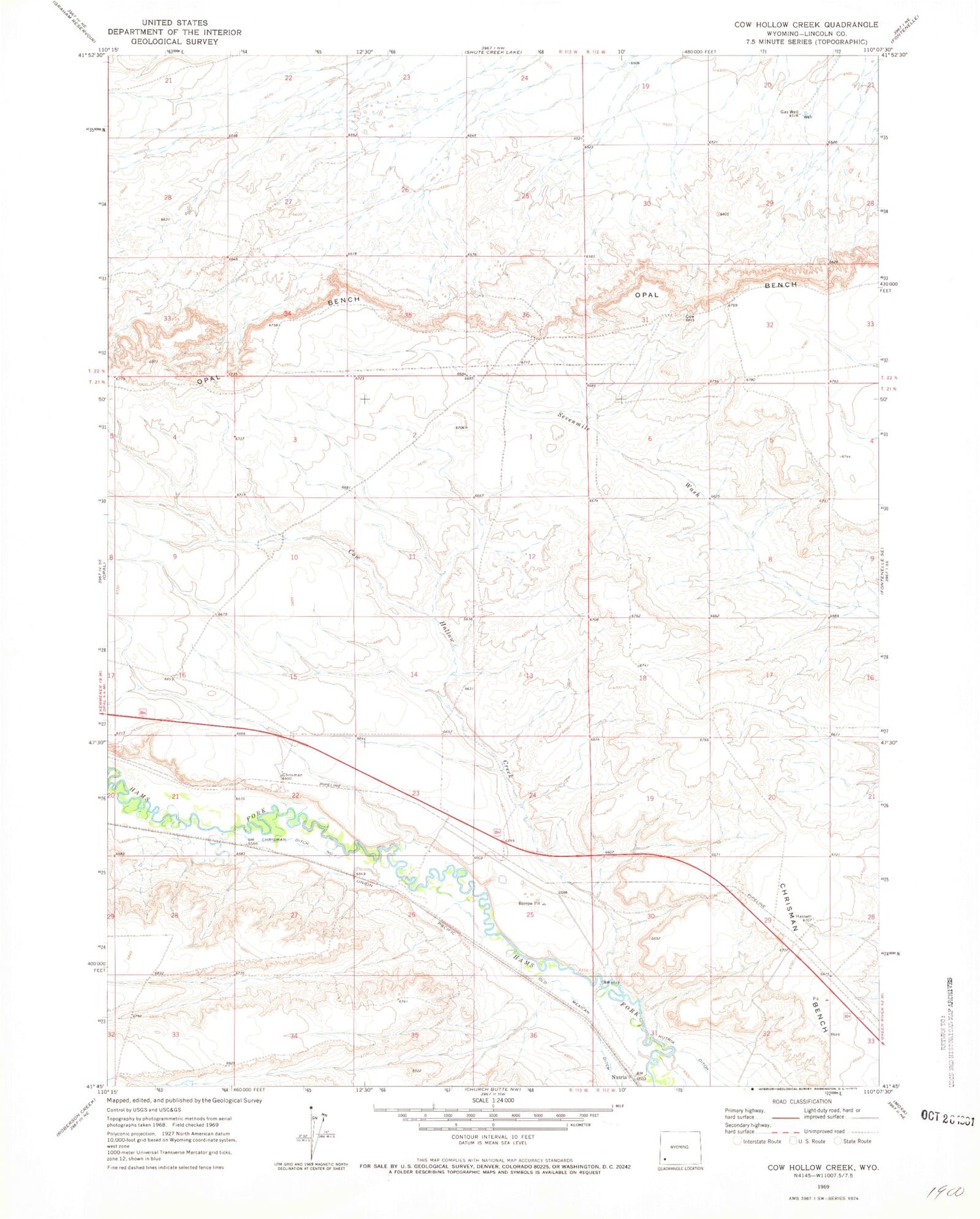 Classic USGS Cow Hollow Creek Wyoming 7.5'x7.5' Topo Map Image