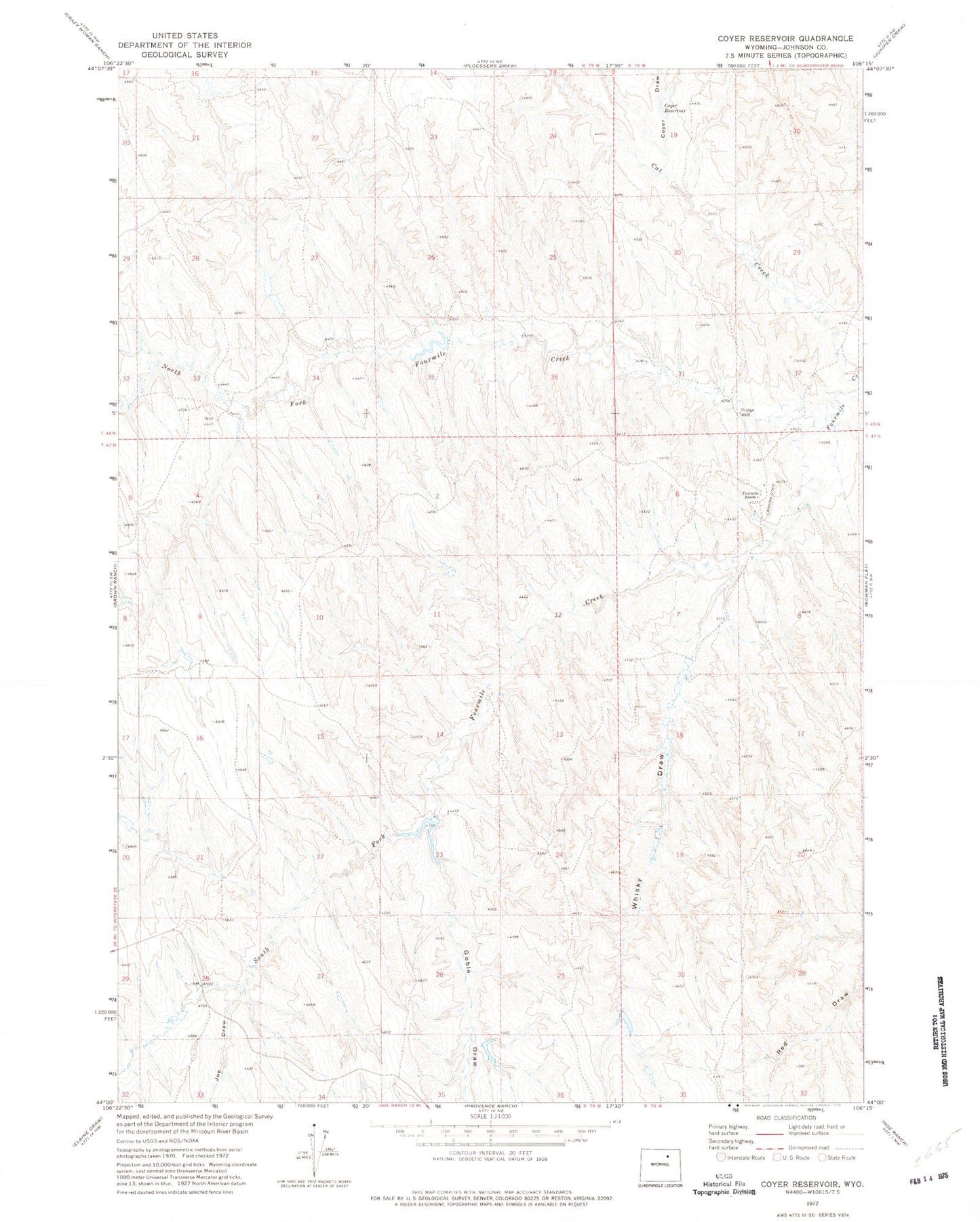 Classic USGS Coyer Reservoir Wyoming 7.5'x7.5' Topo Map Image