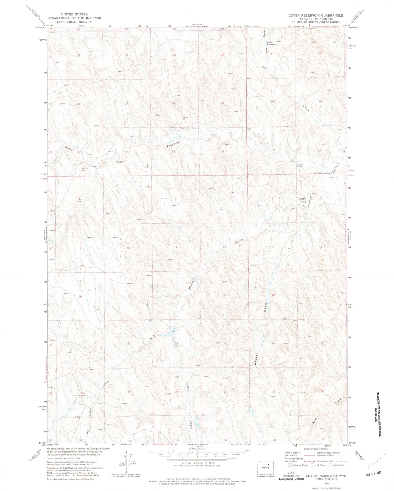 Classic USGS Coyer Reservoir Wyoming 7.5'x7.5' Topo Map Image
