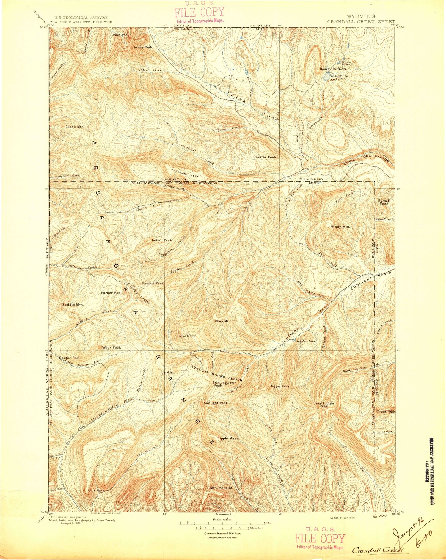 Historic 1896 Crandall Wyoming 30'x30' Topo Map Image