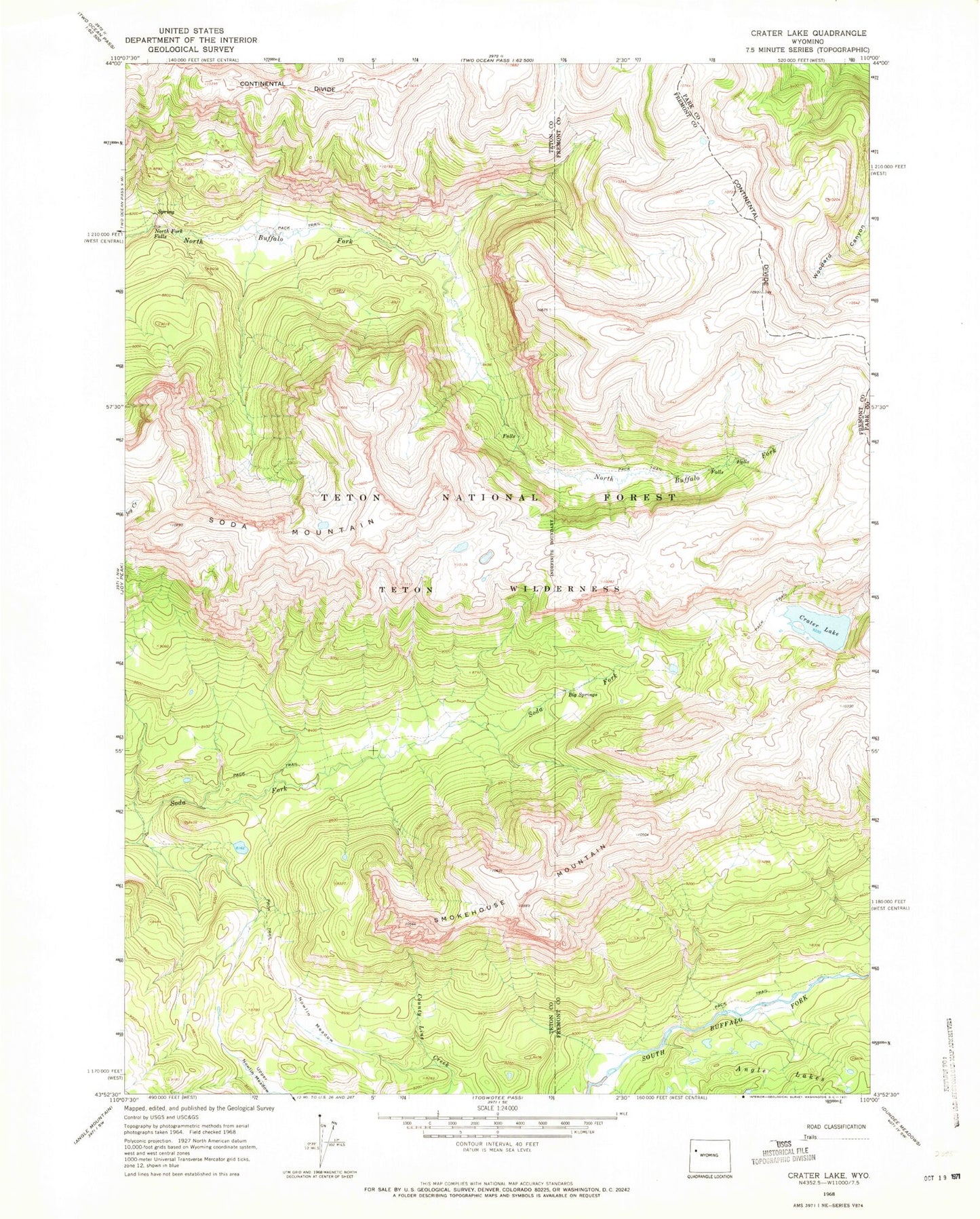 Classic USGS Crater Lake Wyoming 7.5'x7.5' Topo Map Image