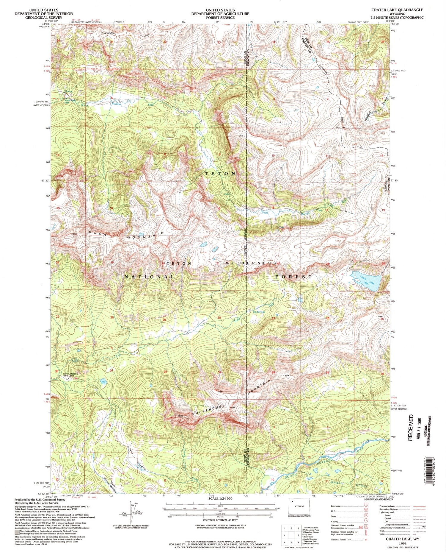 Classic USGS Crater Lake Wyoming 7.5'x7.5' Topo Map Image
