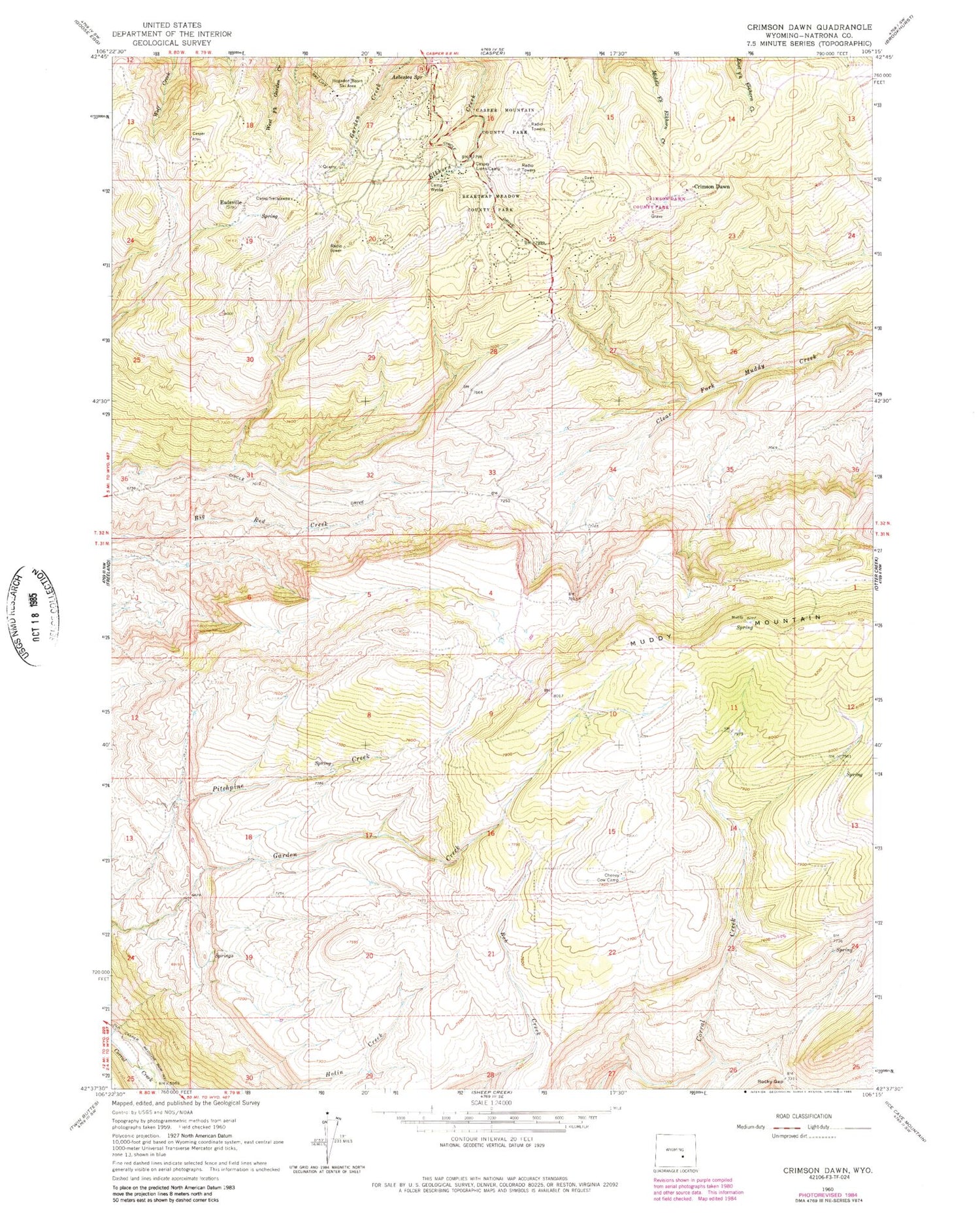 Classic USGS Crimson Dawn Wyoming 7.5'x7.5' Topo Map Image