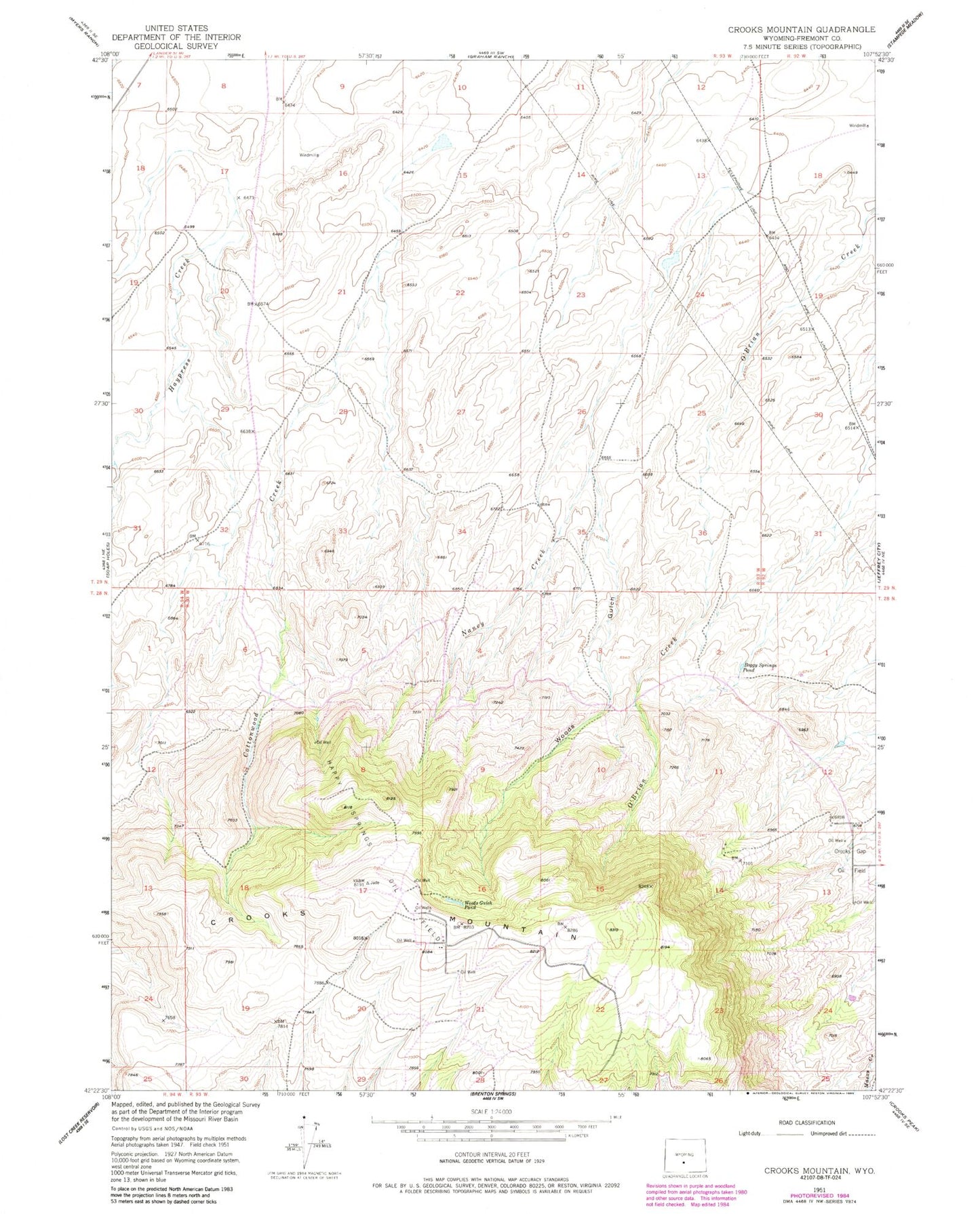 Classic USGS Crooks Mountain Wyoming 7.5'x7.5' Topo Map Image