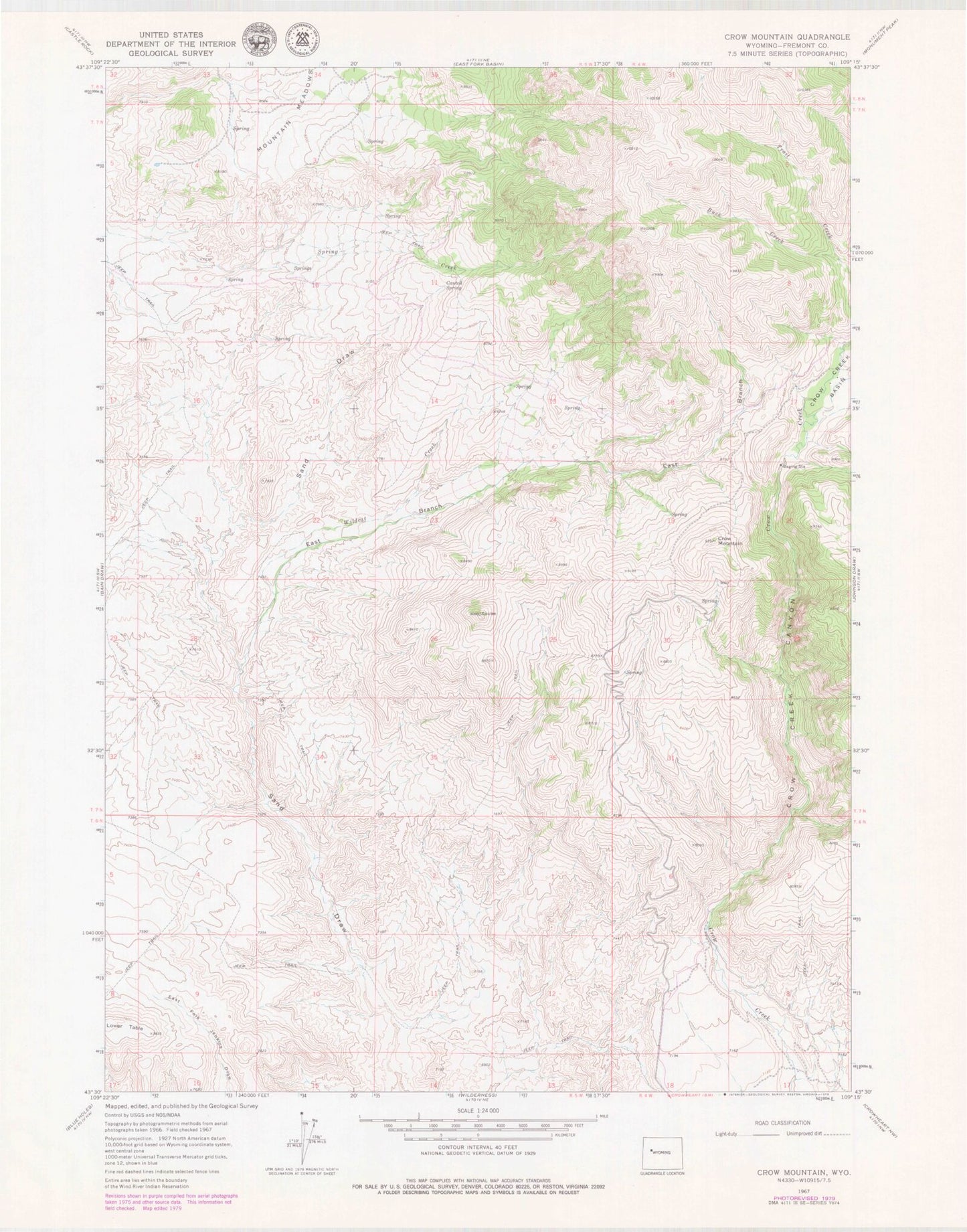 Classic USGS Crow Mountain Wyoming 7.5'x7.5' Topo Map Image