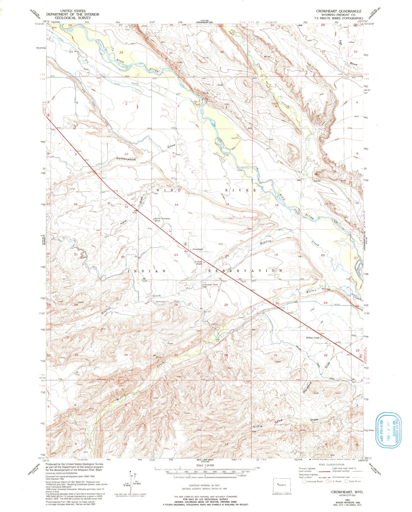 Classic USGS Crowheart Wyoming 7.5'x7.5' Topo Map Image
